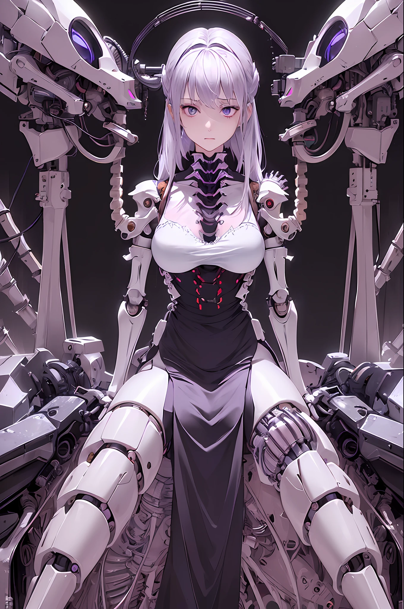(((Masterpiece)))), (((highest quality)))), ((Ultra Definition)), (Very Detailed Photoreality), (((Very Delicate and Beautiful)), (Delicate and Pretty Face), Cinematic Light, (((1 Machine Girl)), Solo, Full Body, Big, Is Visible Skin, White Hair, Purple Eyes, Luminous Eyes, (Mechanical Joint: 1.4), (Mechanical limbs)), (Blood vessels connected to tubes), (( Mechanical vertebrae attached to the back)), ((Cervical vertebrae of the machine) attached to the neck)), (((sitting)), expressionless, (wires and cables attached to the head and body: 1.5), (character focus), small LED lamps on the body, Evangelion, SF, metallic body, detailed neon