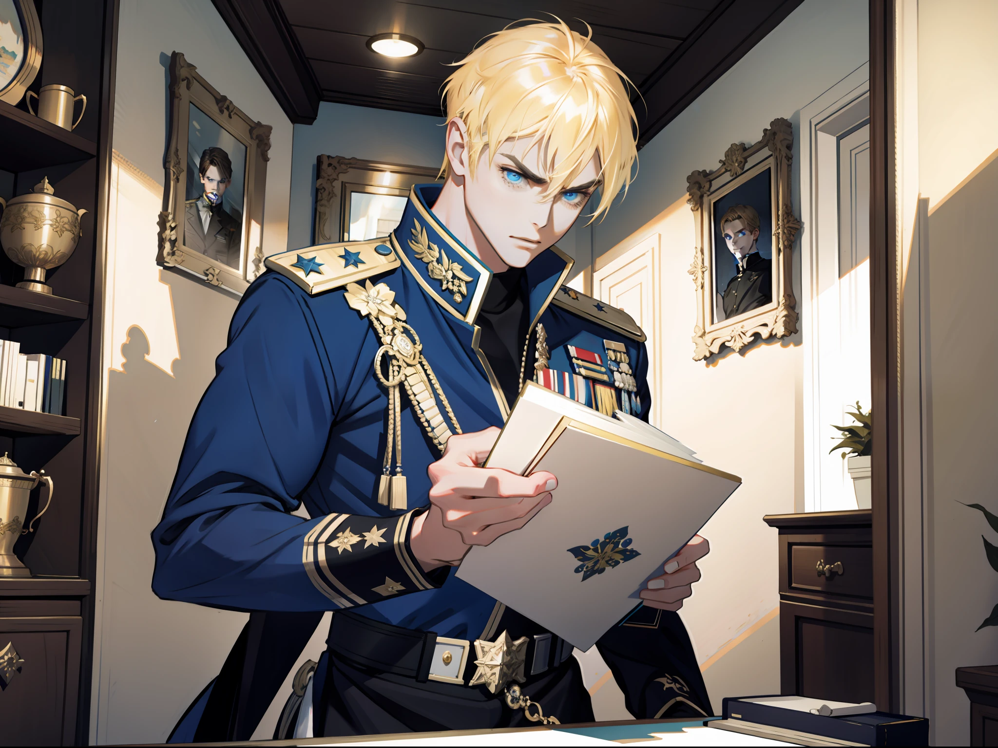 (Masterpiece, best quality), 1 male, (very angry, patting the table with his hand), office background, mature, age: 1.4, tall muscular man, broad shoulders, delicate eyes and detailed face, extremely detailed CG unified 8k wallpaper, intricate details, fantasy, royal, noble, admiral, short hair, blonde, blue eyes, fleet commander, navy, commander