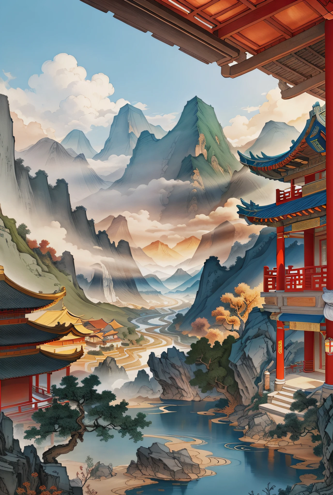 Ancient Chinese landscapes, ancient buildings, pavilions, carved beams and painted buildings, beautiful mountains and rivers, inspired by Jin Yong martial arts, sunlight, ink painting style, clean colors, decisive cutting, blank space, freehand, masterpiece, super detailed, epic composition, high quality , highest quality, pixar style, oversaturated, surreal, artgerm --v 6