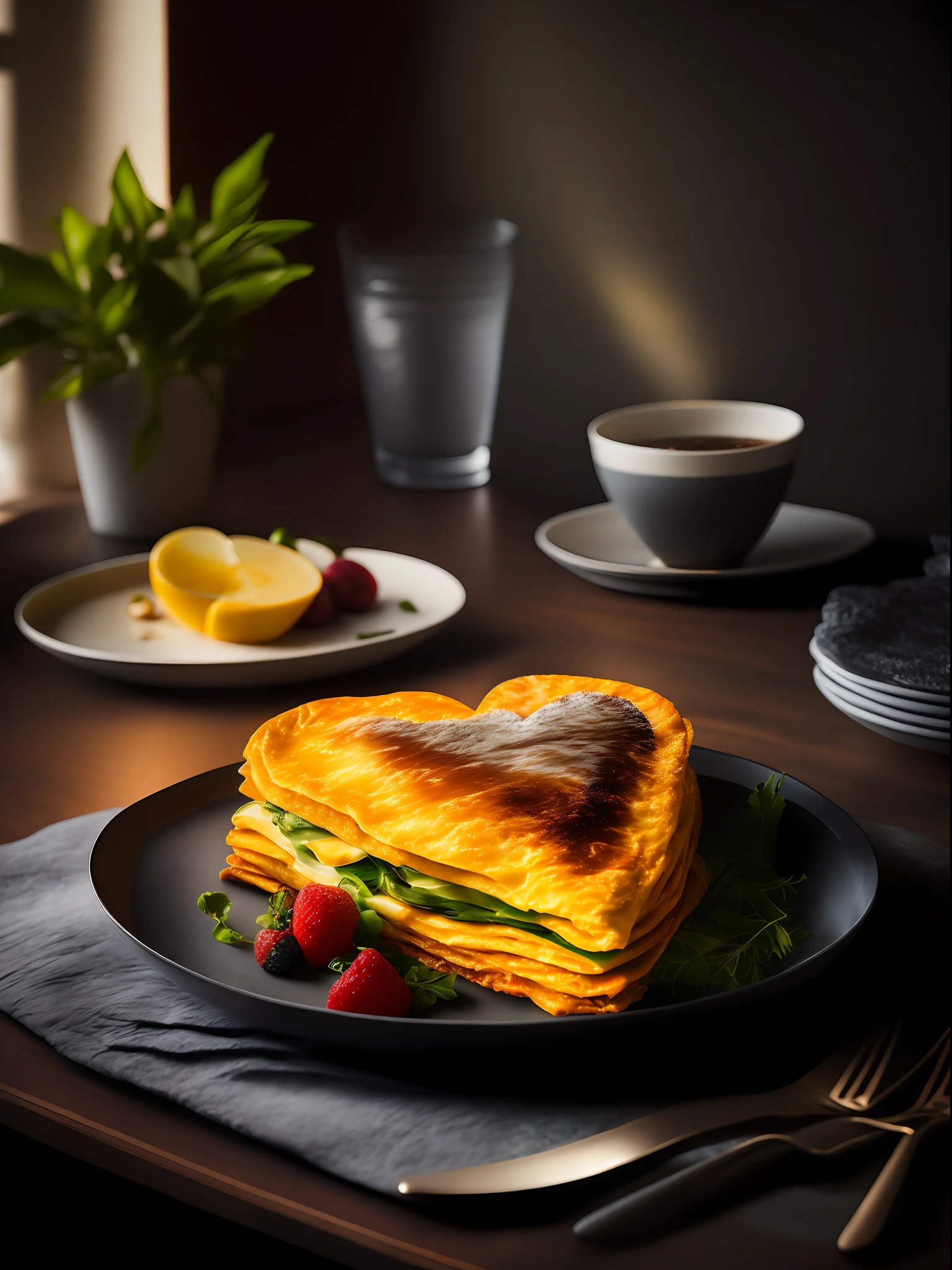 (Masterpiece), Daytime, Professional Photography, Octane Rendering, Ultra-Realistic, Dynamic Composition, Photography, Sharp Focus, Bokeh (8K, Best Quality, Masterpiece: 1.2), (Realistic, Photorealistic: 1.37), Ultra Detail, Photo Quality, Professional Lighting, Heart-shaped Omelette, Steaming, Living Room, Bright Lighting, Light Room, soft light, pretty bright lighting