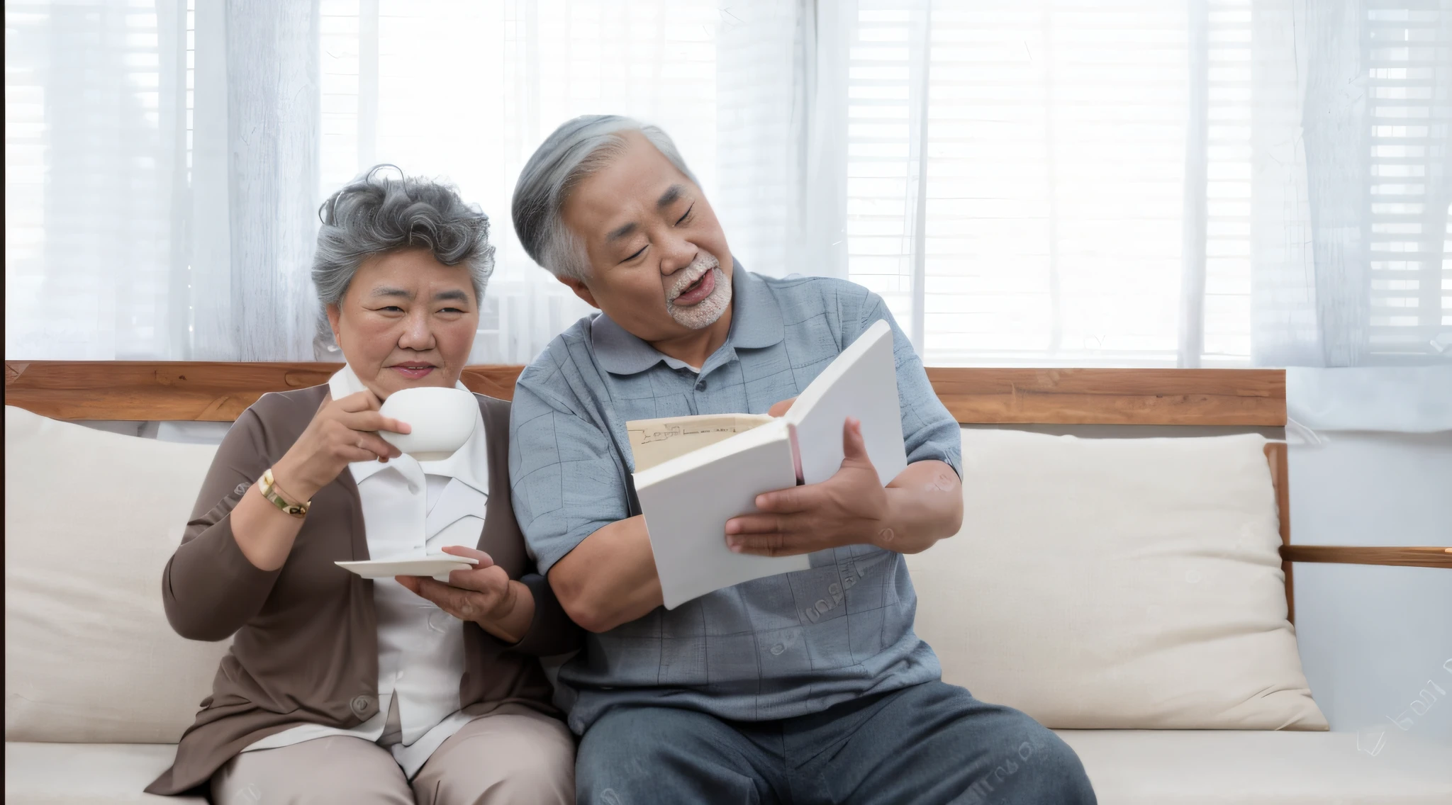 old couple, asian, black hair, living room, relaxing, dark casual wear, 8k, ultra high res, masterpiece