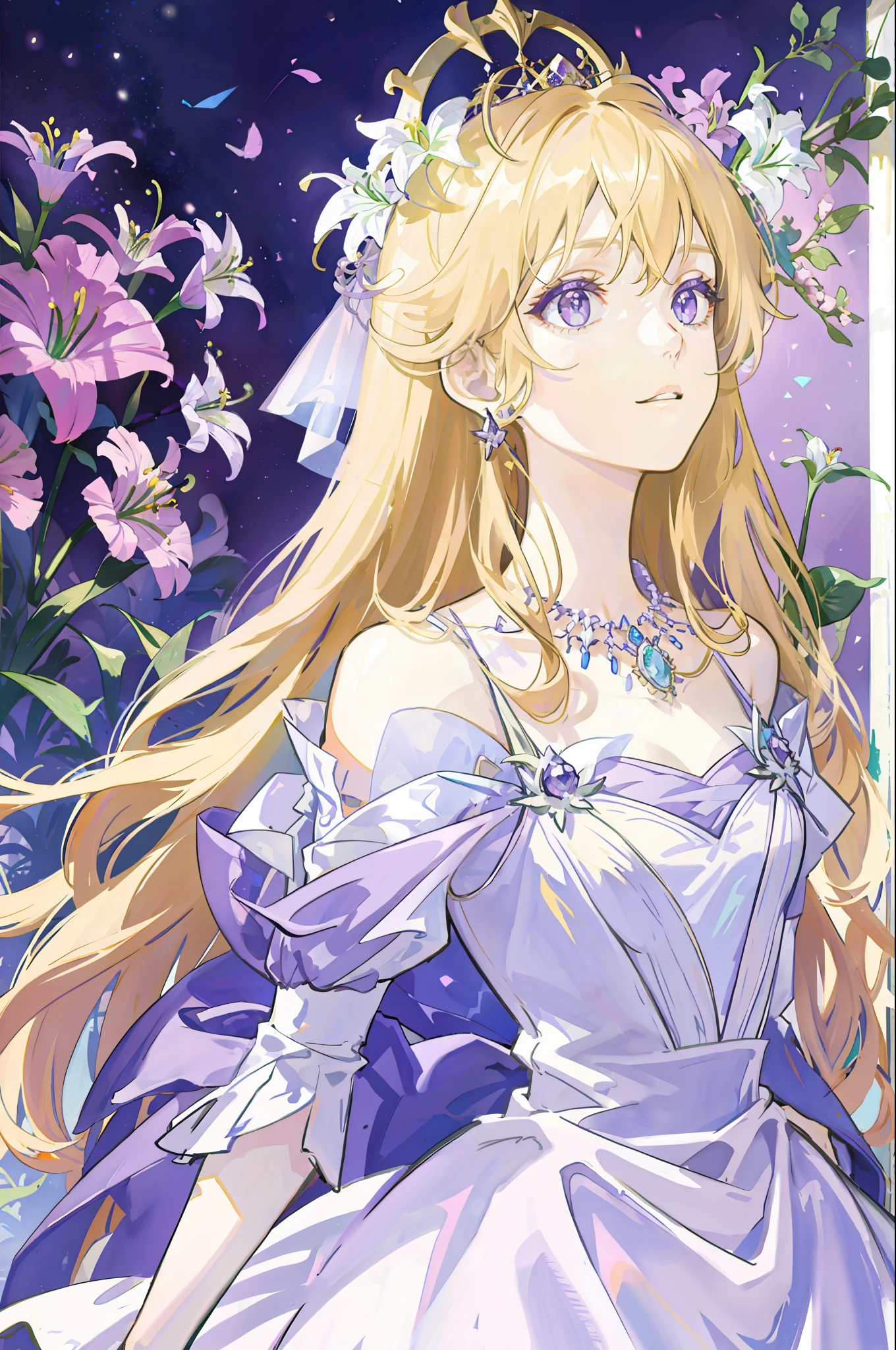 Masterpiece, 1 female, colorful, delicate beautiful eyes and delicate face, purple eyes, long blonde hair, lilies, dress, princess, gemstone necklace, dream halo, purple background