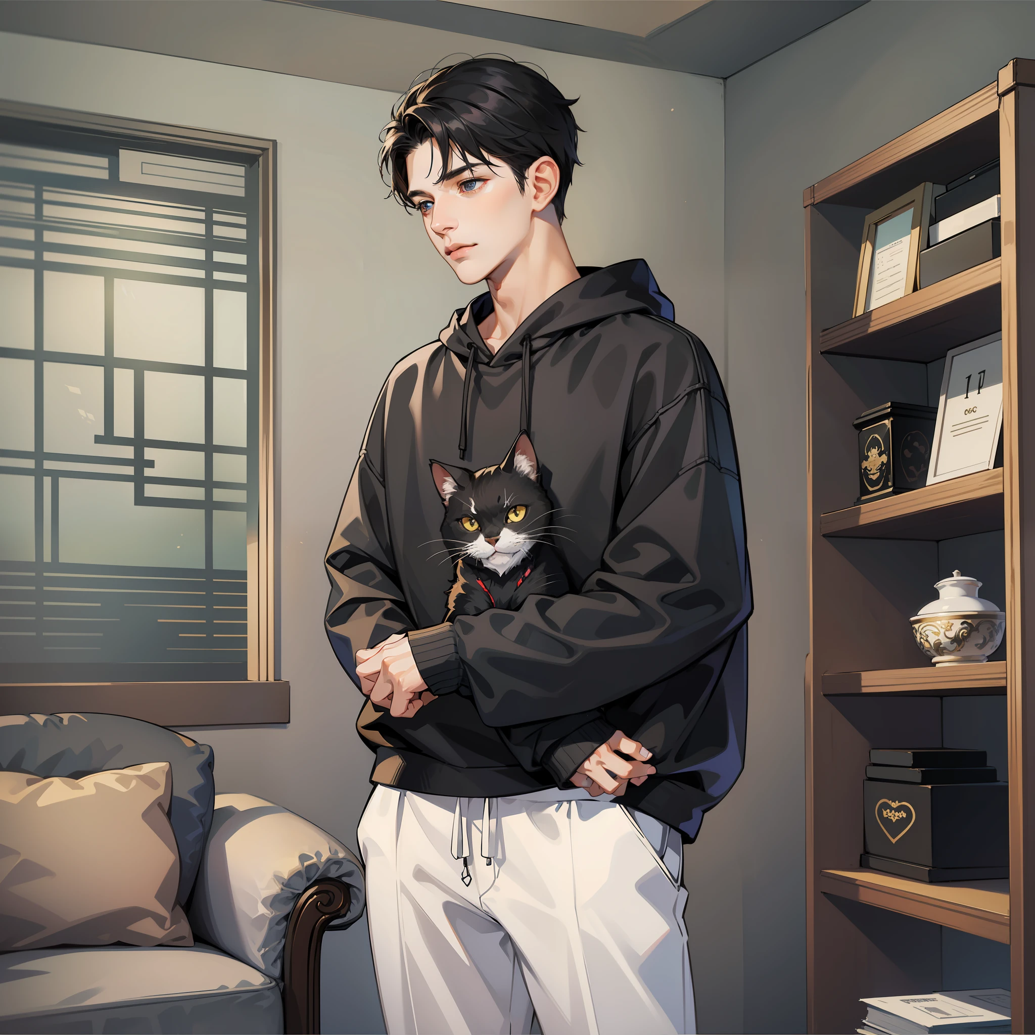 Male, delicate face, short black hair, standing black sweatshirt (cat pattern), shy, living room background