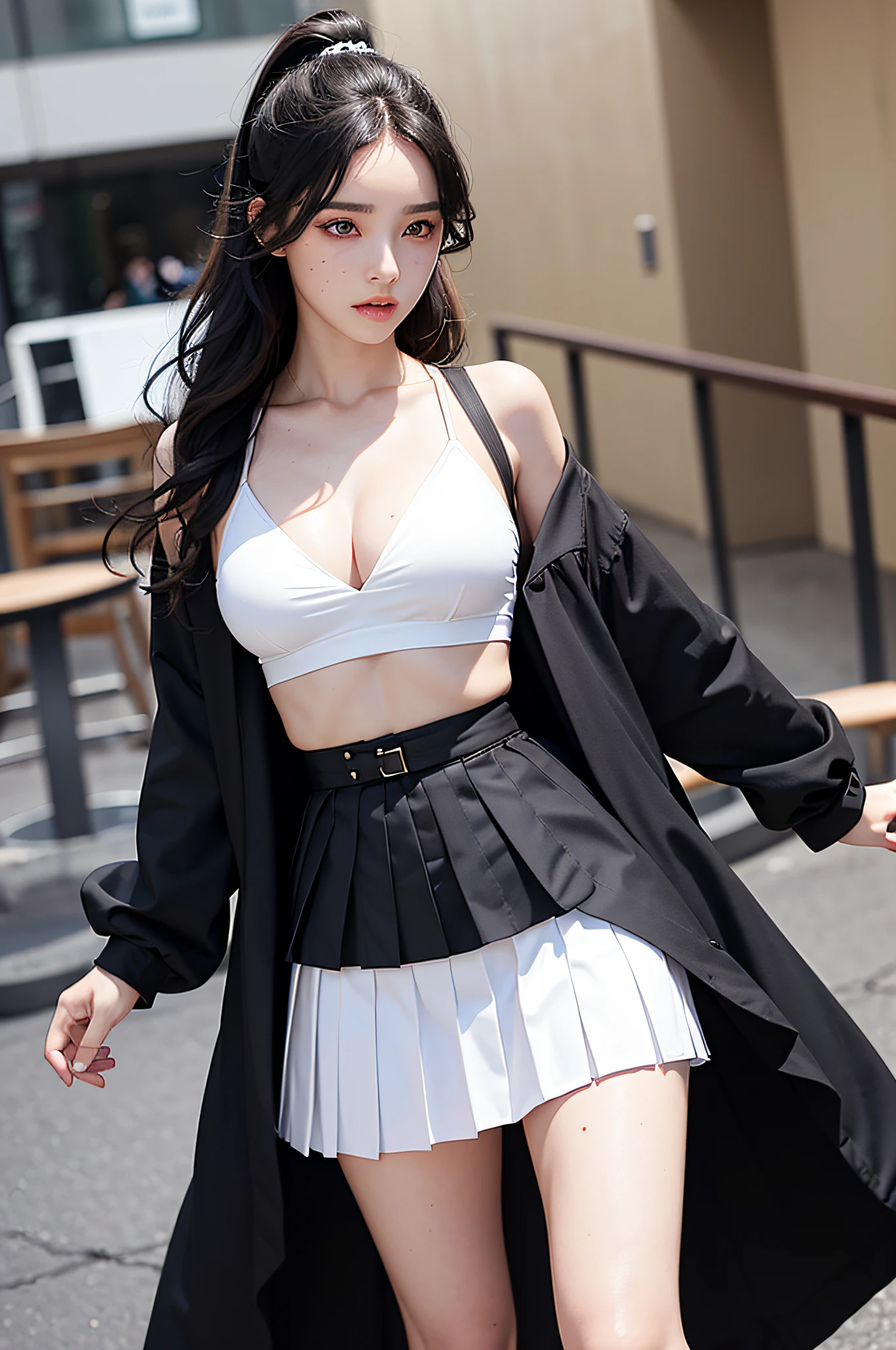 Realistic, High resolution, 1 girl, black wavy hair, heterochromic eyes, small moles under the eyes, white shirt, black pleated skirt, visible chest line, long legs, tight abs, dynamic posture, catwalk Deep V Visible chest line Black pleated skirt Jacket reveals white bra Reveals belly button