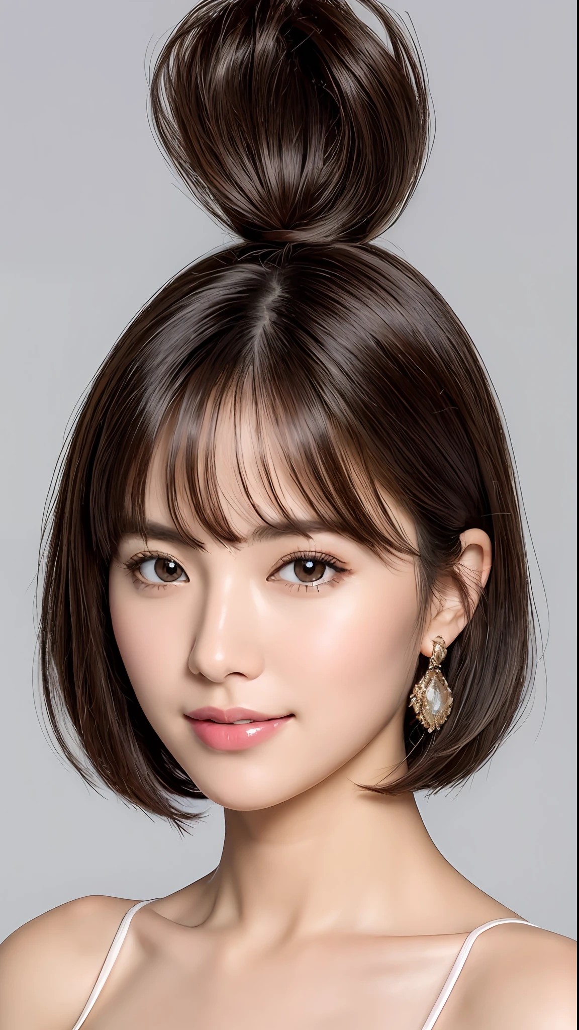 (Masterpiece:1.3), (8K, Photorealistic, RAW Photography, Best Quality: 1.4), Japan People, (1 Girl), Beautiful Face, (Realistic Face), (Black Hair, Short Hair:1.3), Beautiful Hairstyle, Realistic Eyes, Beautiful Details, (Realistic Skin), Beautiful Skin, Attractive, Ultra High Definition, Ultra Realistic, High Detail, Golden Ratio, (Fatal Face:1.2), Look at the Beholder,Smile, Open white shirt,middle chest,standing,hands on hips,one beautiful woman shouldered out shirt,(Open all buttons:1.1), big breasts, deep cleavage, top quality, masterpiece, illustration, very delicate and beautiful, very detailed, CG, unity, 8K wallpaper, amazing, fine details, highly detailed CG Unity 8K wallpaper, huge file size, very detailed, high resolution, Handsome Detail Woman, Highly Detailed Big Eyes and Face, Amazing Detailed Eyes, Face Light, (Best Illustration: 1.1), Ultra High Resolution, (Photoreal: 1.1), (Photoreal: 1.2:1.1), Realistic Face Proportions, Slender, Smile, (Makeup: 0.4), (Fluffy Light Colored Eyes: 1.21), Light Colored Eyes, Round Eyes, Look at the Beholder, Dark Brown Hair, Earrings, necklaces, hairpins, (irregular irregular skin defects, veins, wrinkled pores on the skin: 1.2), white background, (bokeh: 1.4), very short hair, short bob, oil on skin, oil on the face, gloss on the skin, gloss on the face, gloss on the lips, gloss on the chest, gloss on the chest, glossy skin, smile, smile, beautiful teeth, beautiful bangs, beautiful collarbone, long neck, big eyes, clear eyes, Clear double eyelids, ears out, outrageously cute, overwhelming beauty, highlights in the eyes, thick bangs, bangs