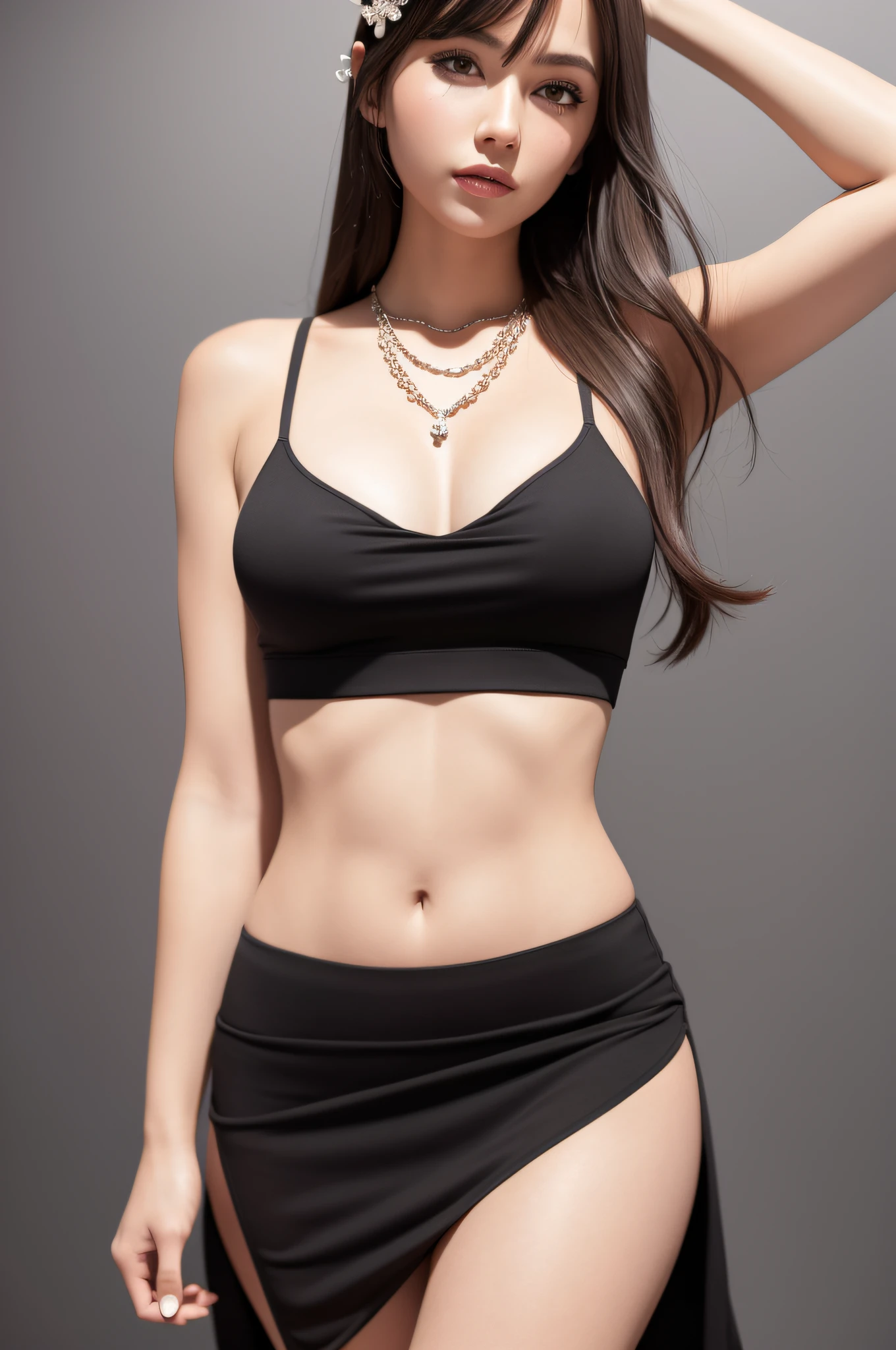 Top Quality, Masterpiece, High Resolution, 1girl, Mini Dress, Hair Accessories, Necklace, Jewelry, Beautiful Face, On Body, Tyndall Effect, Realistic, Dark Studio, Edge Lighting, Two-tone Lighting, (High Detail Skin: 1.2), 8k UHD, DSLR, Soft Light, High Quality, Volume Light, Candid, Photo, High Resolution, 4K, 8K, background blur, big, slender, slender, flowing mini skirt, tight and viscous crop top,