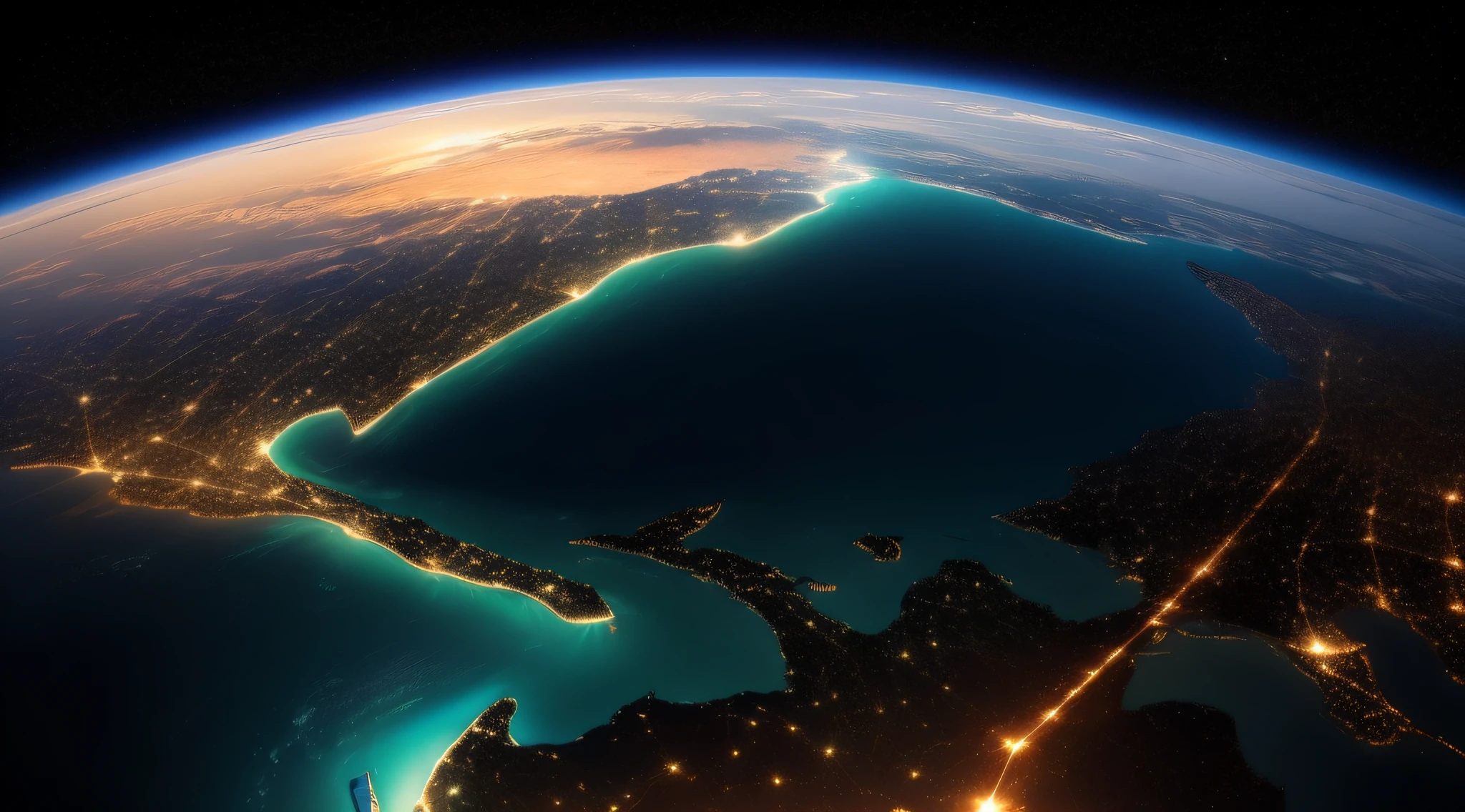 Imagine an image of planet earth covered by a discrete web of neural network and seen from space at night, illuminated cities, ((a neural network around the planet)), technology, high resolution