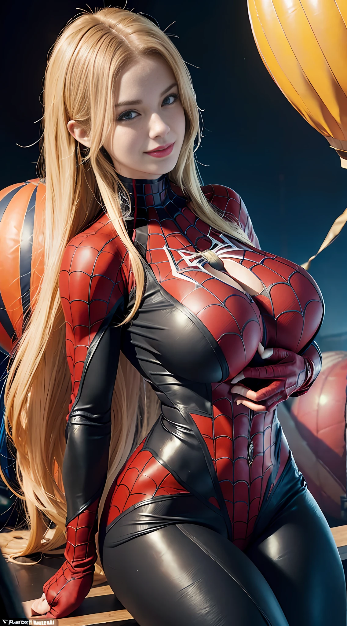 Muscular girl, long blonde hair, devil figure, (huge and amazingly large breasts), (the action of stuffing two huge hot air balloons into clothes), (huge hot air balloon sized breasts), (breasts as big as a hot air balloon), (waist exposed), (abs), (full body of the future female Spider-Man suit), (Spider-Man suit that wraps the chest), (covers the breasts), (tightens the cleavage), smiles, (highlights the breasts are particularly huge), back photos, (especially inflated breasts)