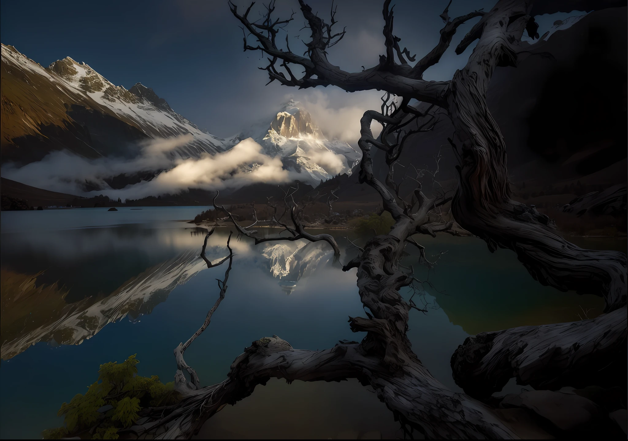 arafed tree branch in front of a lake with a mountain in the background, marc adamus, lpoty, award winning landscape photo, intricate and epic composition, an amazing landscape image, max rive, ryan dyar, trending on 5 0 0 px, trending on 500px, perfect composition artem demura, 8k fine art photography