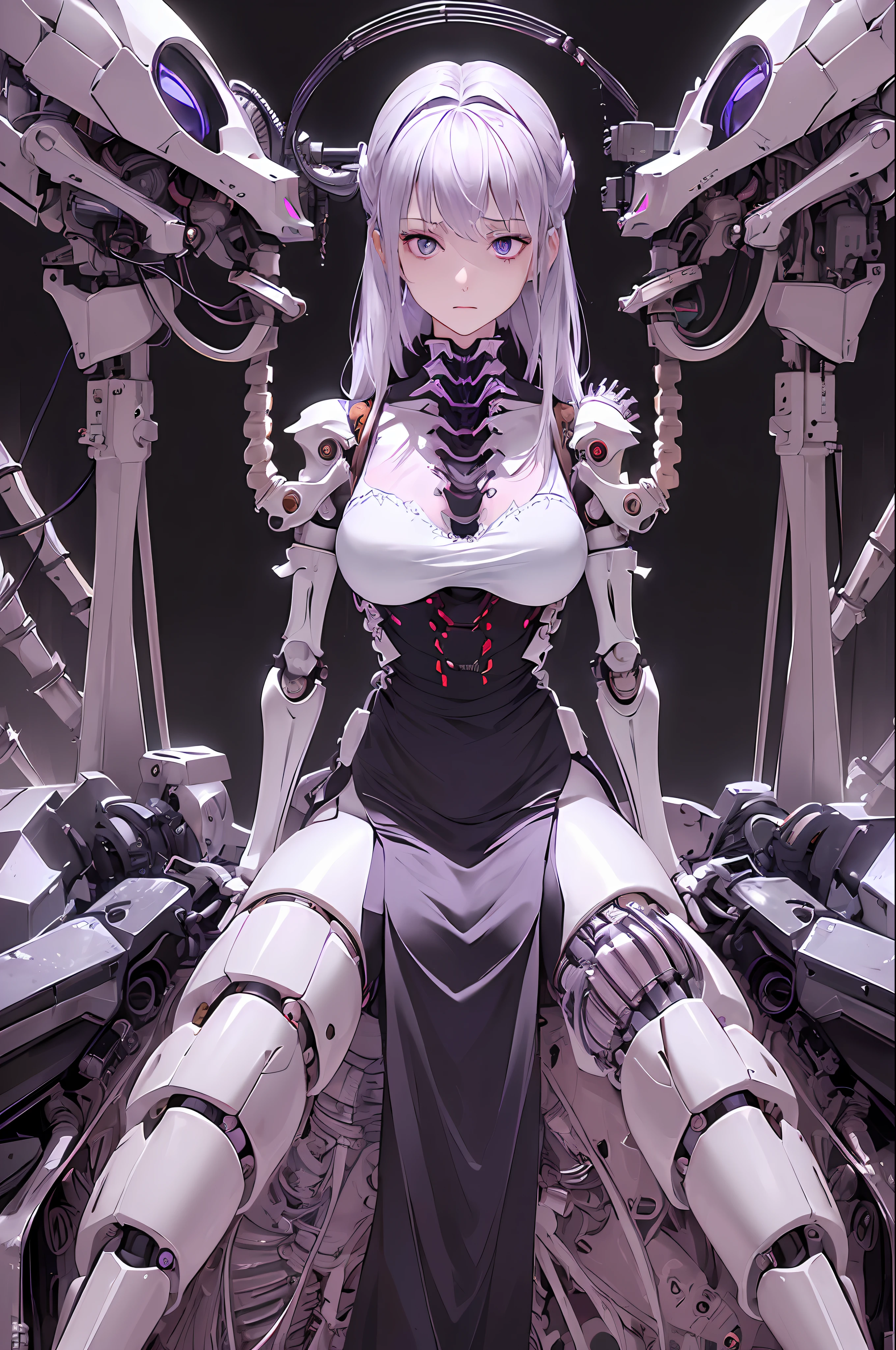 (((Masterpiece)))), (((highest quality)))), ((Ultra Definition)), (Very Detailed Photoreality), (((Very Delicate and Beautiful)), (Delicate and Pretty Face), Cinematic Light, (((1 Machine Girl)), Solo, Full Body, Big, Cleavage Is Visible Skin, White Hair, Purple Eyes, Luminous Eyes, (Mechanical Joint: 1.4), (Mechanical limbs)), (Blood vessels connected to tubes), (( Mechanical vertebrae attached to the back)), ((Cervical vertebrae of the machine) attached to the neck)), (((sitting)), expressionless, (wires and cables attached to the head and body: 1.5), (character focus), small LED lamps on the body, Evangelion, SF, metallic body, detailed neon