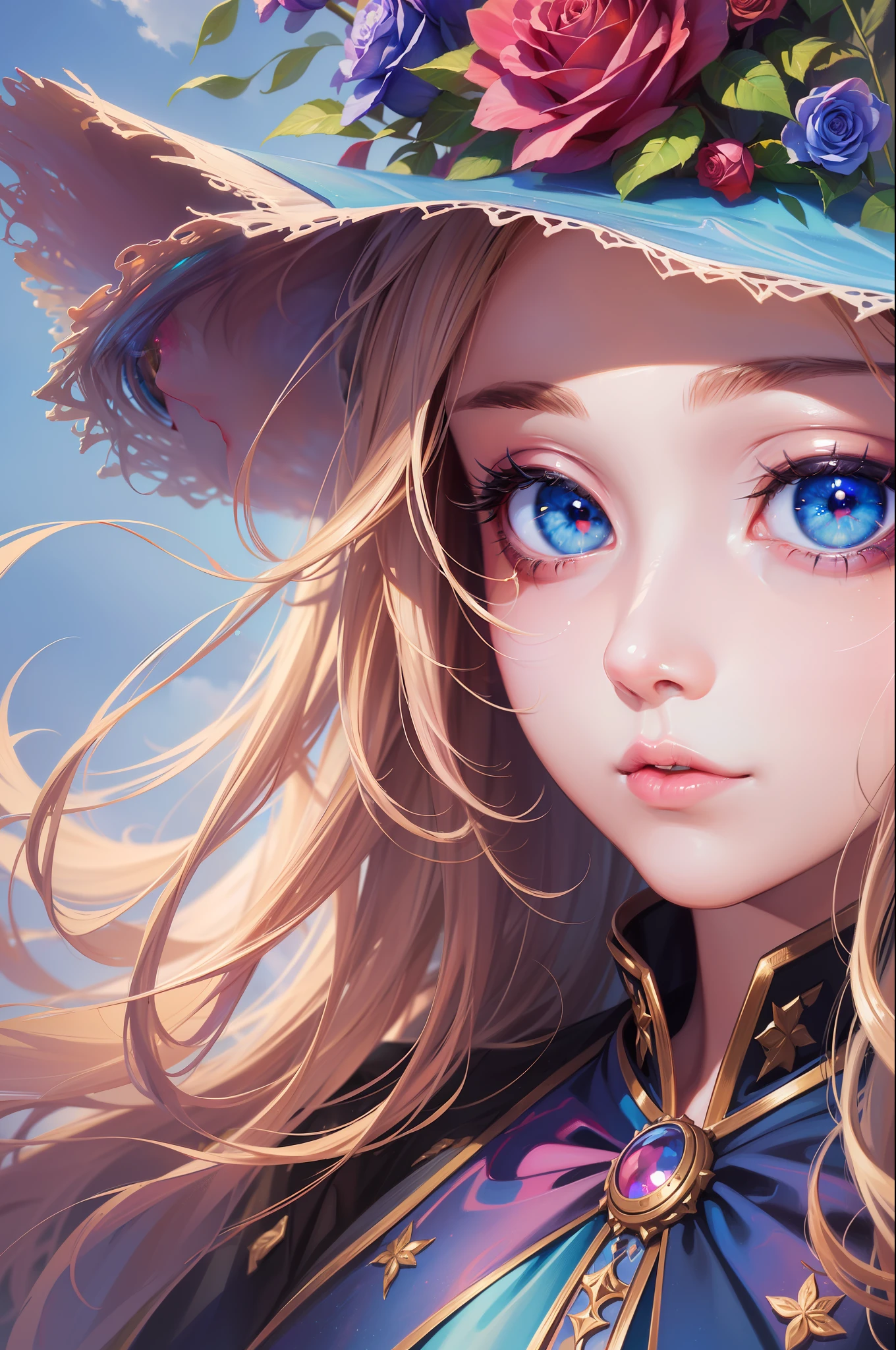 ( Absurd, High quality, ultra-detailed, masterpiece, concept art, smooth, highly detailed artwork, hyper-realistic painting )beautiful eyes(eyes detailed),1 girl, Roses with pink, yellow, and blue color, Rainbow in sky, dreamy, in sky with clouds, Vivid