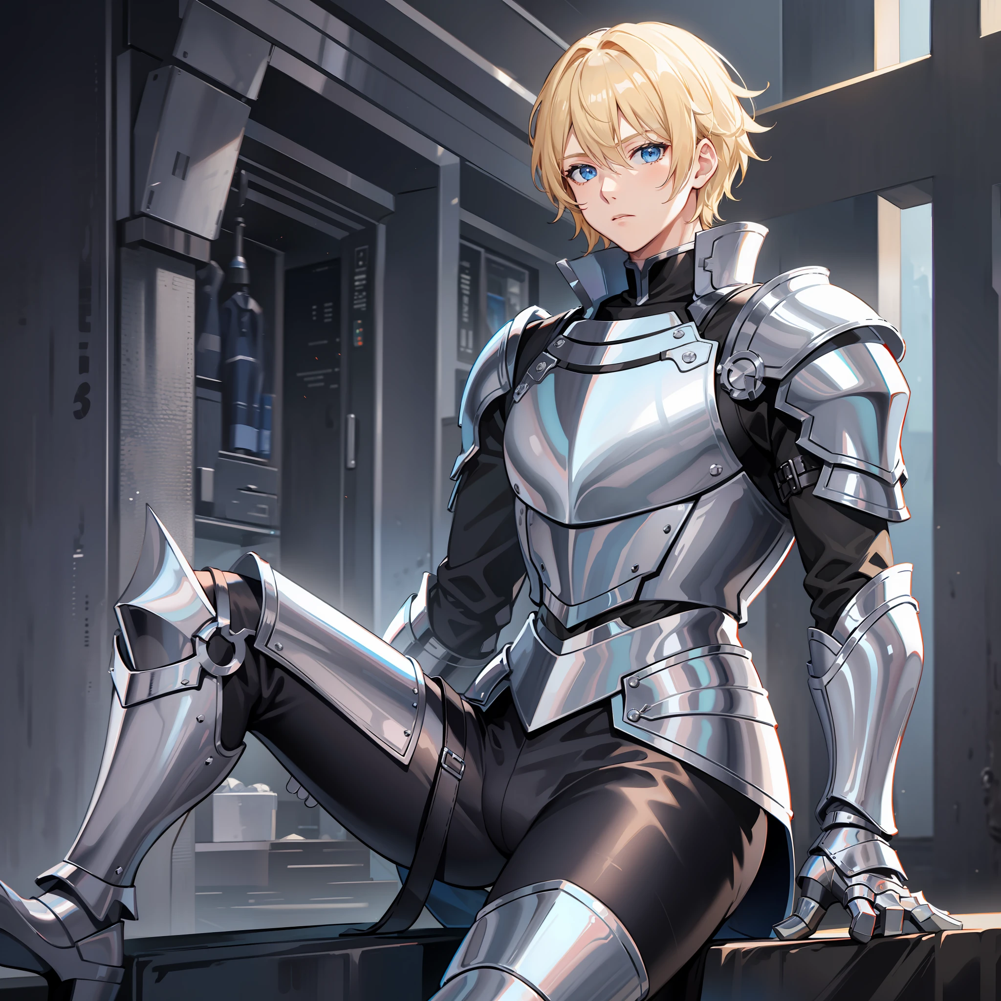 1male, blond hair, blue eyes, knight armor, black pants, silver boots
