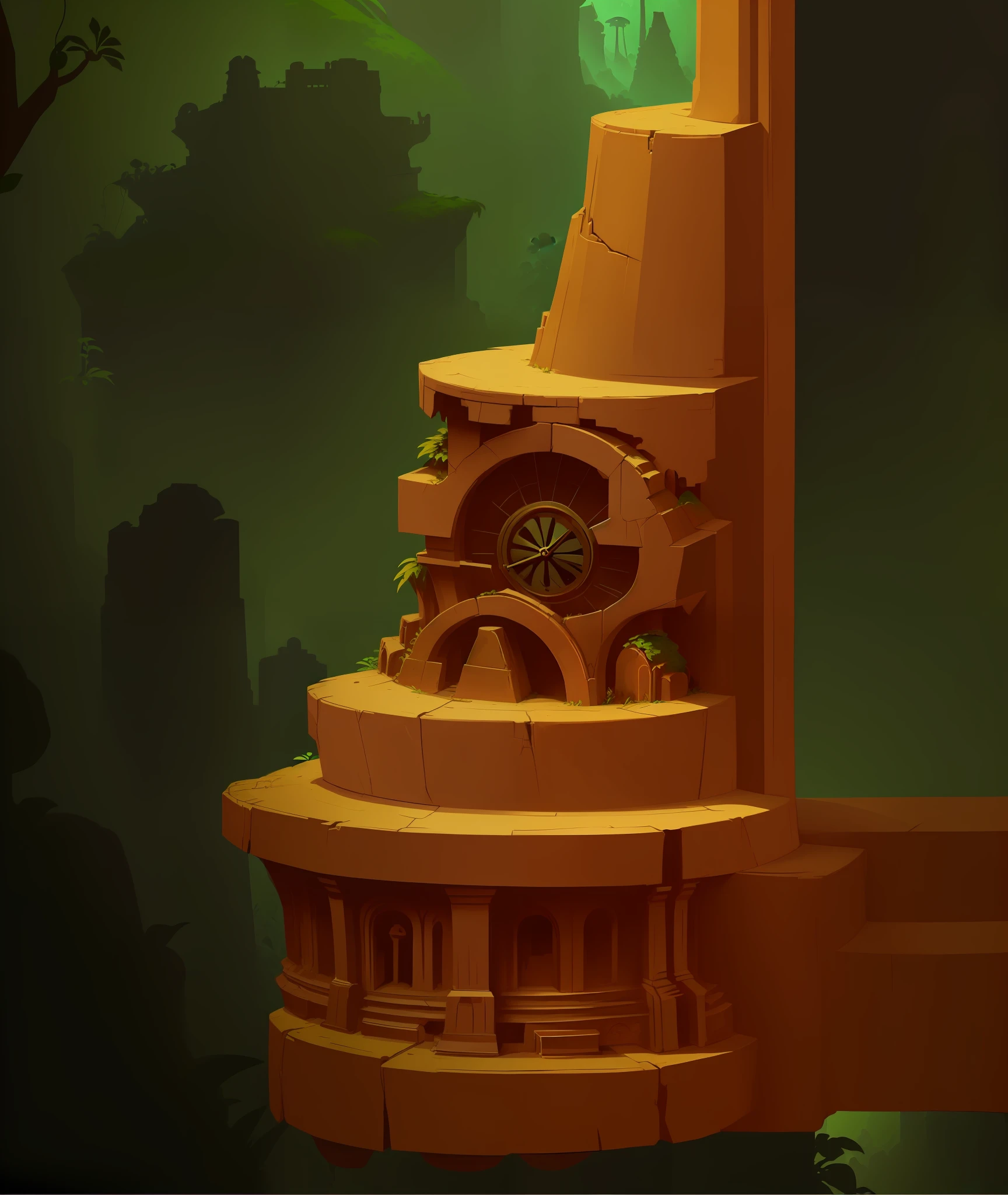 there is a cartoon picture of a tall tower with a clock on it, jungle background with ruins, background jungle, ancient ruins background, jungles in the background, jungle background, background artwork, background art, temple background, island background, totem 2, art nouveau jungle environment, stylized shading, stylized game art, odin's stone arena background