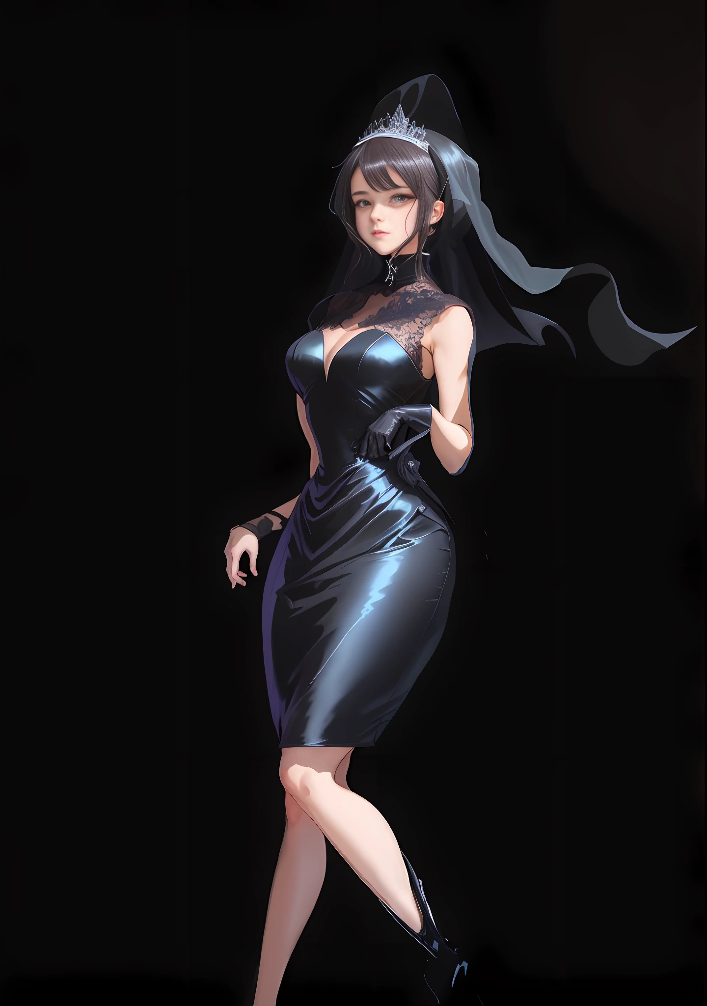 a drawing of a woman in a dress with a veil, anime girl wearing a black dress, standing elegant pose, she is wearing a black dress, loli in dress, full body profile pose, elegant profile pose, elegant confident pose, anime full body illustration, !!full body portrait!!, an elegant woman in black dress, full body;, fullbody portrait