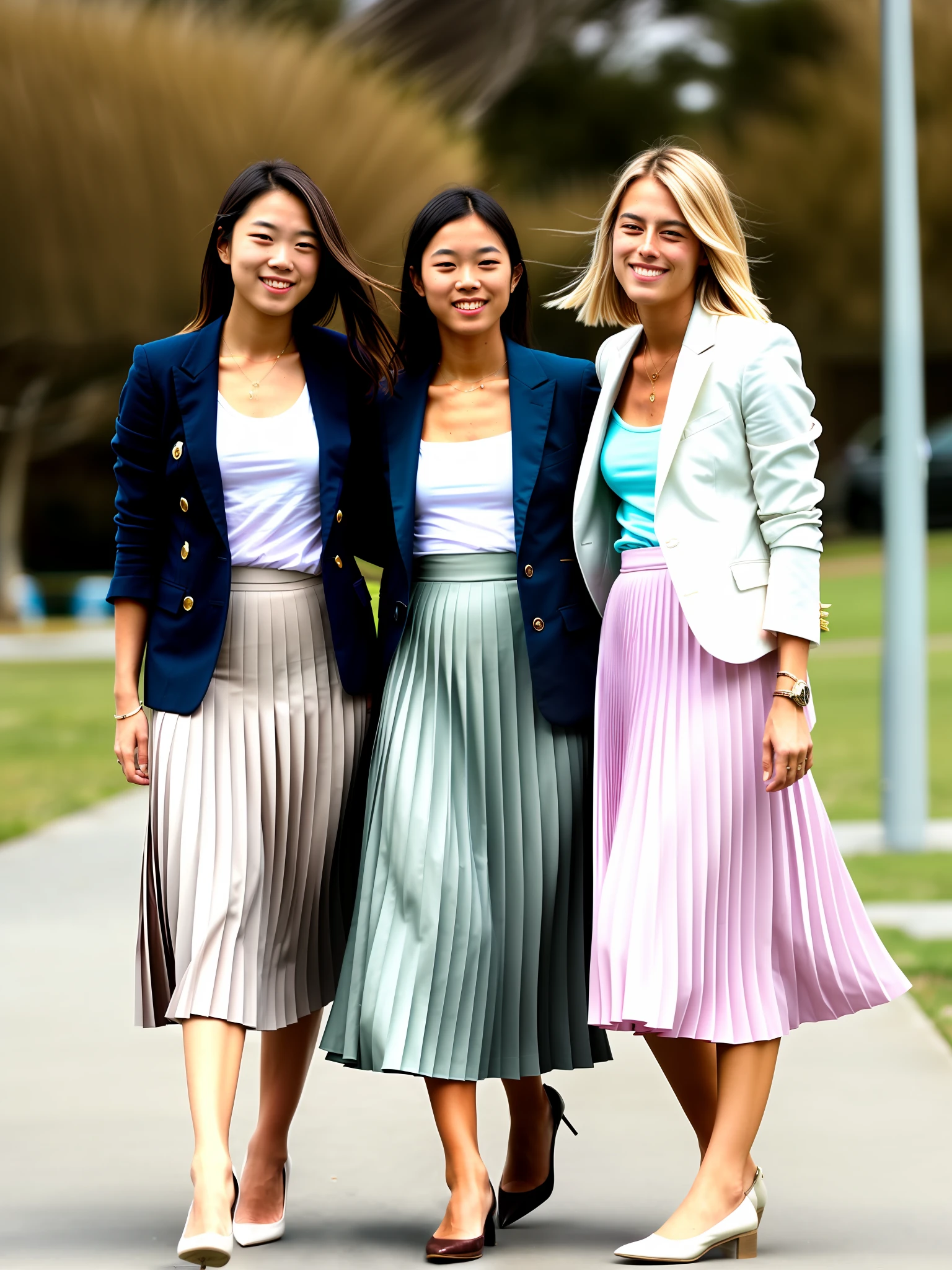 documetary photograph of many tender, compassionate, kind, flirty, shy smile, attractive, pretty, cute sapphic lesbian women all wearing long pleated skirts and short blazers and girly shoes, (wind blowing, windy:0,1)