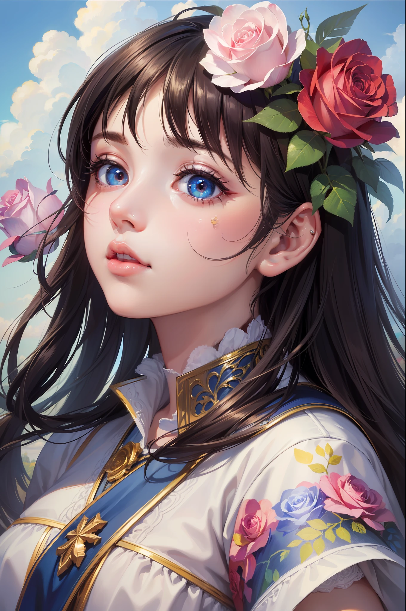 ( Absurd, High quality, ultra-detailed, masterpiece, concept art, smooth, highly detailed artwork, hyper-realistic painting )beautiful eyes(eyes detailed),1 girl, Roses with pink, yellow, and blue color, Rainbow in sky, dreamy, in sky with clouds, Vivid