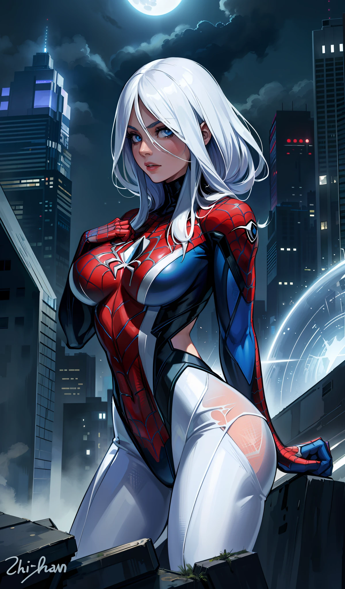 (Masterpiece, 4k resolution, ultra-realistic, very detailed), (White superhero theme, charismatic, there's a girl on top of town, wearing Spider-Man costume, she's a superhero), [ ((25 years), (long white hair:1.2), full body, (blue eyes:1.2), ((Spider-Man pose),show of strength, jumping from one building to another), ((sandy urban environment):0.8)| (cityscape, at night, dynamic lights), (full moon))] # Explanation: The Prompt mainly describes a 4K painting of ultra-high definition, very realistic, very detailed. It shows a superheroine at the top of the city, wearing a Spider-Man costume. The theme in the painting is a white superhero theme, the female protagonist has long white hair, is 25 years old and her entire body is shown in the painting. In terms of portraying the actions of superheroines, spiders are employed