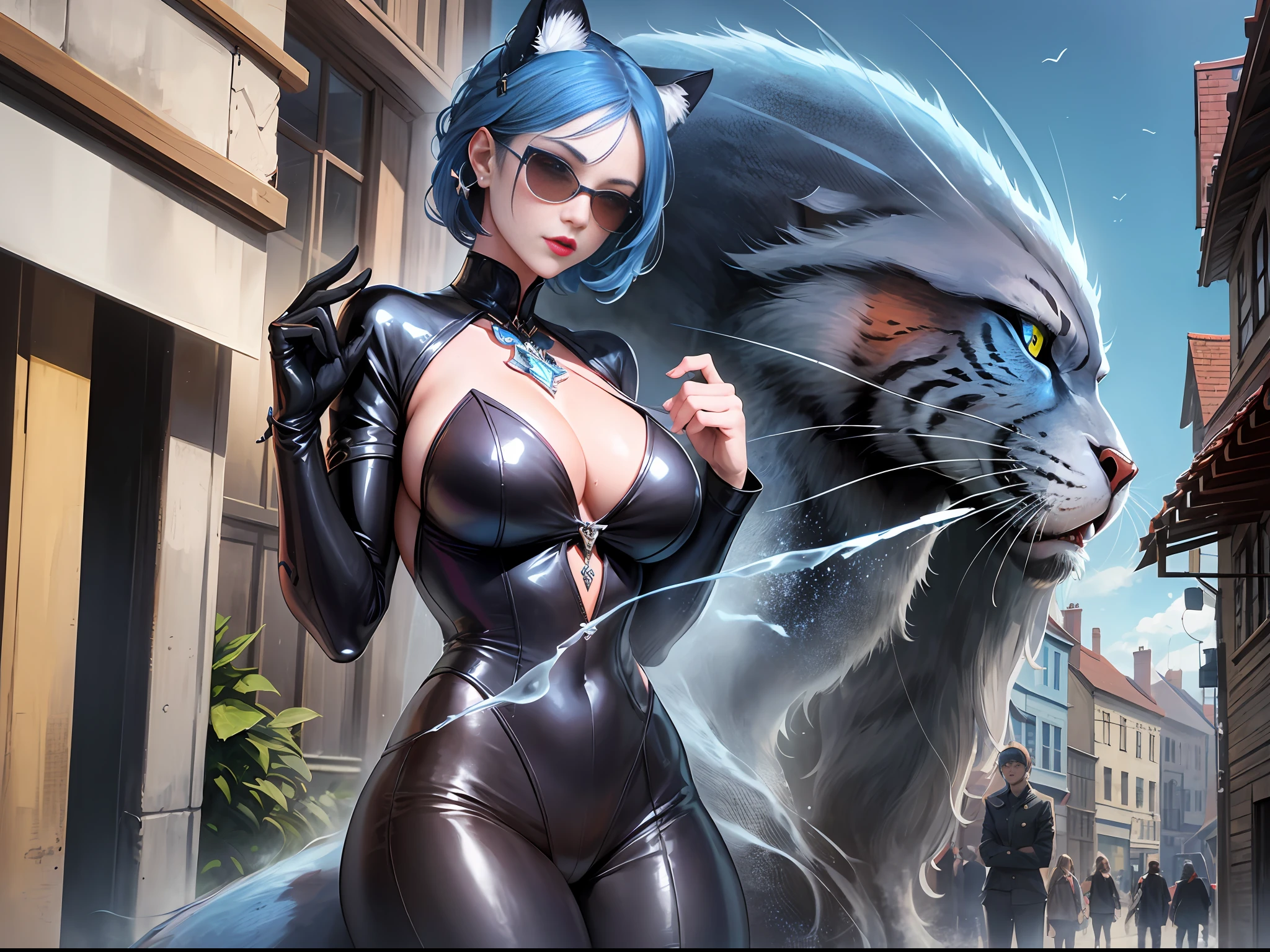 (masterpiece:1.3),(best quality:1.2), (absurdres), skin pores, (skindentation:1.2), ( female),eula \(genshin impact\), (Eula Lawrence:1.3), (detailed illustration), intricate detail, (naughty face), nsfw, (wet),Blue hair,detailed eyes, ornate, Leaning Against Wall,Dark Alley,futuristic Sunglasses , Red Lipstick
(Trench Coat:1.2), Knee-high Boots, Fit, Magic medival Street, intricate, Tattoos, Earrings. cleavage,
trending on cg society, trending on artstation. happines, (undressing:1.2), futuristic female, superhero, riding a big wild cat, fantastic realism, group zero, hd mod, propaganda Poster, Poster design, poster art style. 1970s, 1950s, 1960s, dynamic perspective, comic style