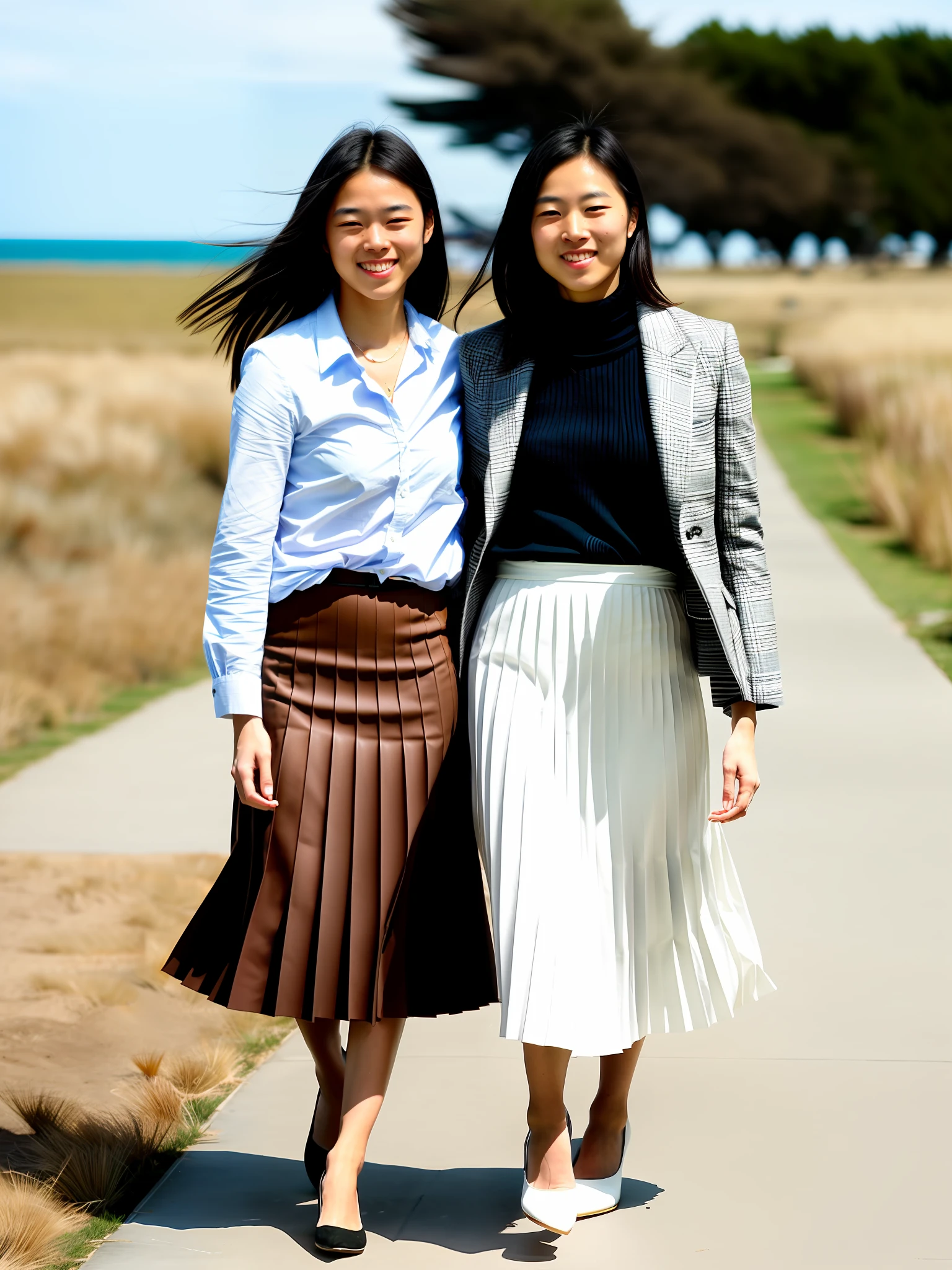 documetary photograph of many tender, compassionate, kind, flirty, shy smile, attractive, pretty, cute sapphic women all wearing long pleated skirts and short blazers and girly shoes, (wind blowing, windy:0,1)