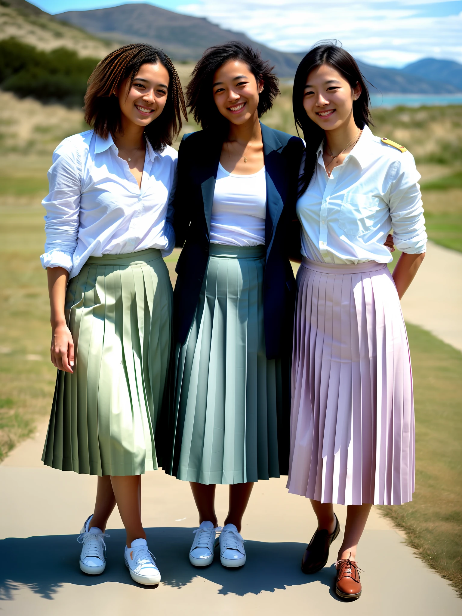 documetary photograph of many tender, compassionate, kind, flirty, shy smile, attractive, pretty, cute sapphic lesbian women all wearing long pleated skirts and short blazers and girly shoes, (wind blowing, windy:0,1)