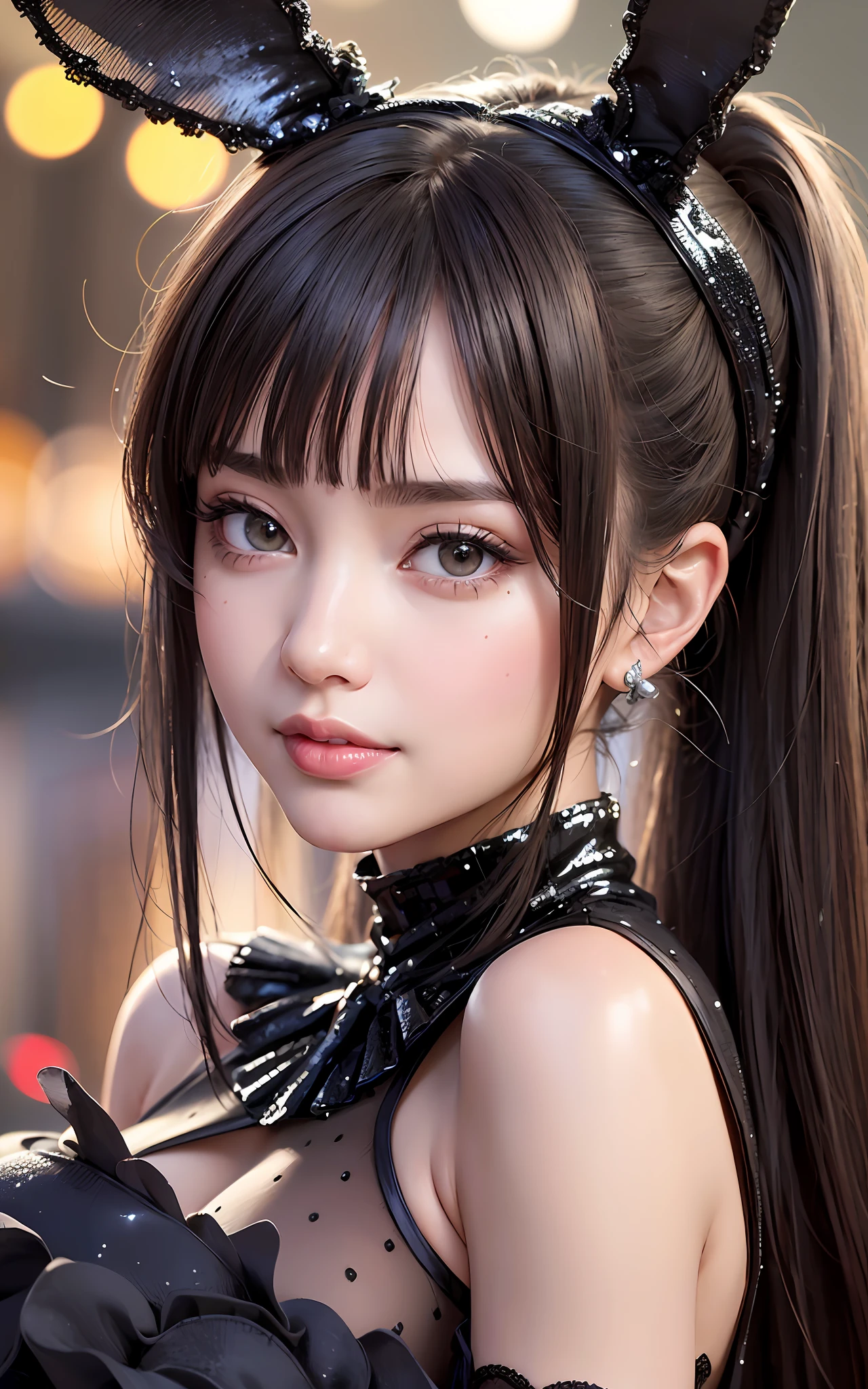 (Realistic, Photorealistic: 1.37), (8k, RAW Photos, Best Quality, Masterpiece: 1.2), Very Cute Woman, Super Detailed, Heart-Shaped Pupils, Physically Based Rendering, Ultra High Resolution, Kodak Vision Color, Shot with Arricam LT Camera, Bokeh, Sharp Focus,
Watch the viewer, realistic, solo, photorealistic, top quality, highly detailed face, (sequins, black bunny suit, rabbit ear shaped hairband: 1.2)), dark brown hair, ponytail, highly detailed eyes and face, beautiful detailed eyes, double eyelids, (unforgettable smile)), hair fluttering in the wind, (upper body)), (casino, background blur)), Cute random pose