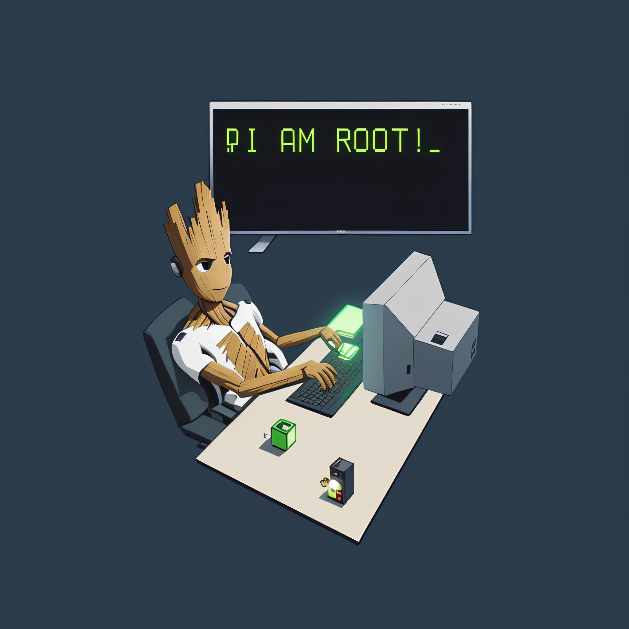 A manga of a man sitting at his desk holding a computer, I'm Groot, Gen, Groot, Hakrobart!, programmer, Groot costume, root trap, computer wallpaper, root system, Guardians of the Galaxy style, funny illustration, pixel style, Goro Fujita, root, robot! , monitor wallpaper, reboot, encoding, hacking,