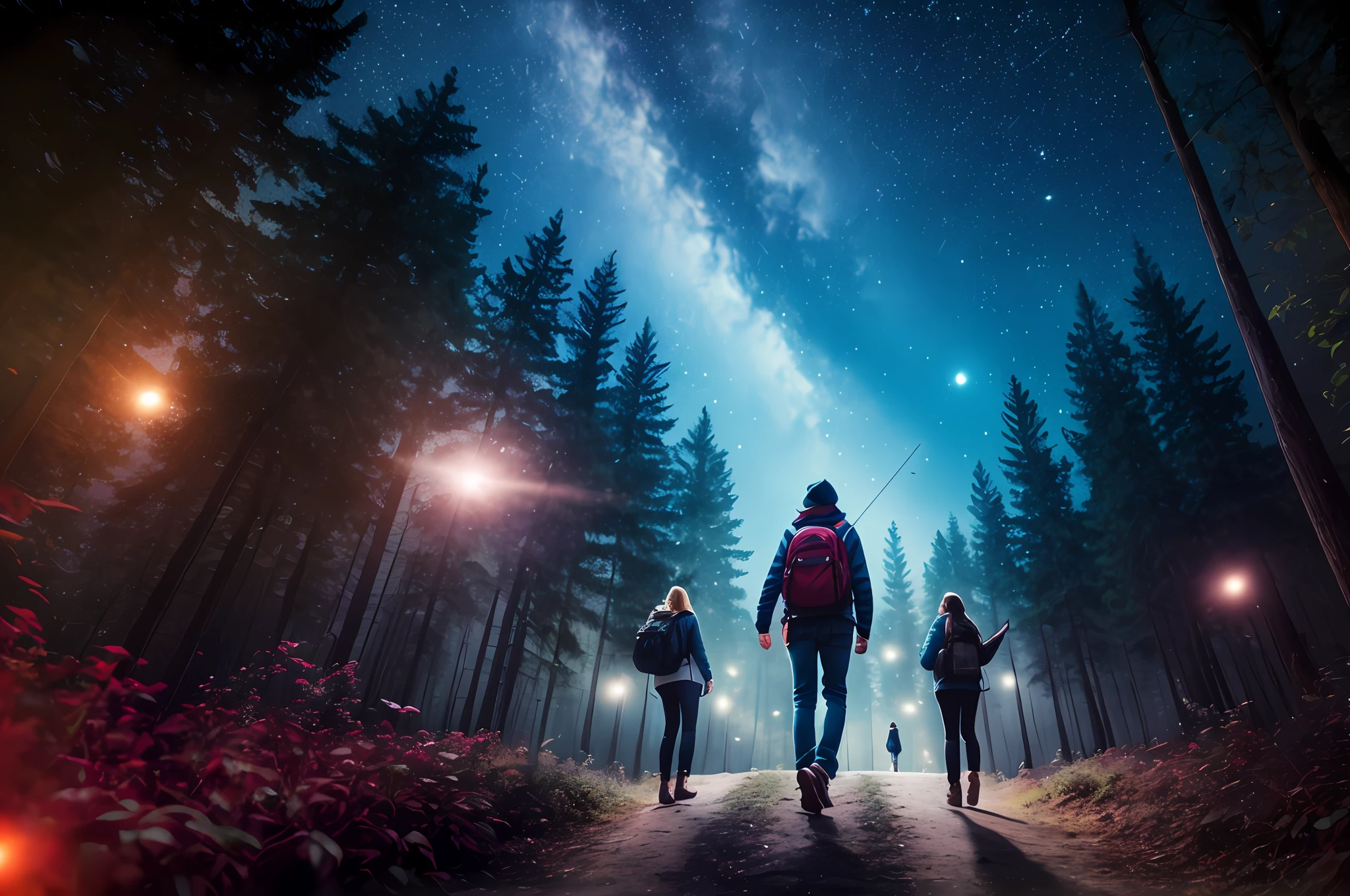 there are four people 3 women and a man walking along a path in the forest, time travelers appear in a park, in the forest at night, night in the forest, wanderers traveling from afar, shutterstock, photo still, travelers walking the streets, in a forest at night, outdoors at night, by Hristofor Žefarović, by Adam Marczyński