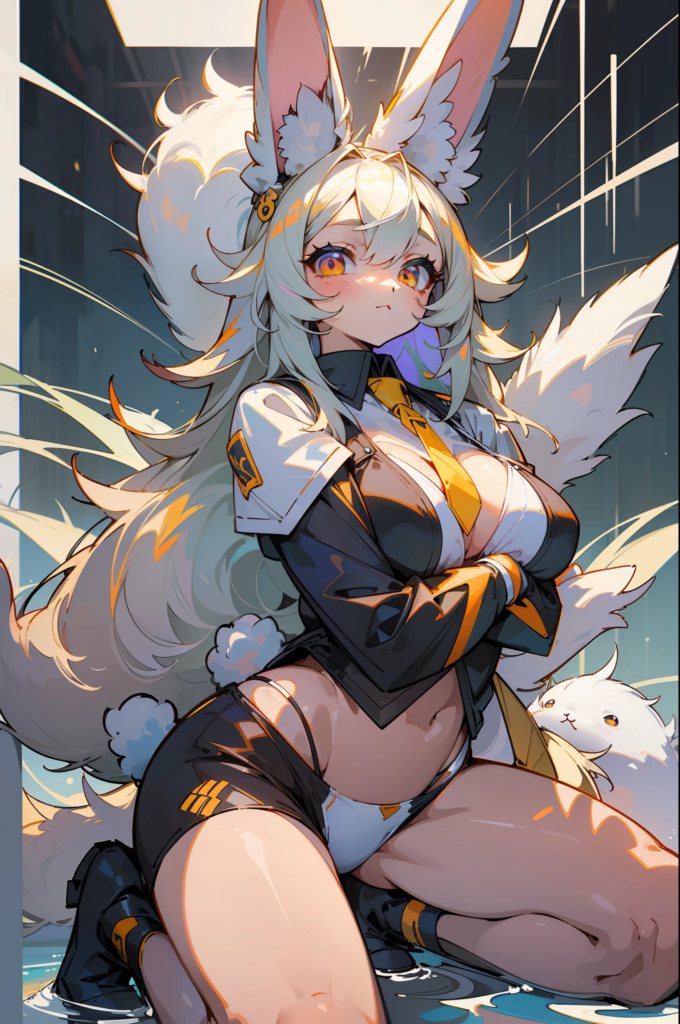 master-piece,hyper quality, hyper detailed,perfect drawing,1 beautiful girl, white bikini, rabbit ears, rabbit tail, rabbit palm, rabbit paws, rabbit fingers, hunter's eyes aiming for prey, gray hair, drooping eyes, height 65cm, three sizes B95W60H90, fluffy, kneeling, pow pause