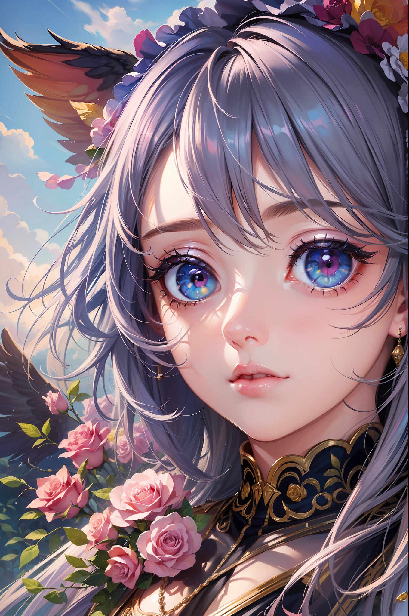 ( Absurd, High quality, ultra-detailed, masterpiece, concept art, smooth, highly detailed artwork, hyper-realistic painting )beautiful eyes(eyes detailed),1 girl, Roses with pink, yellow, and blue color, Rainbow in sky, dreamy, in sky with clouds, cat flying with wings , Vivid