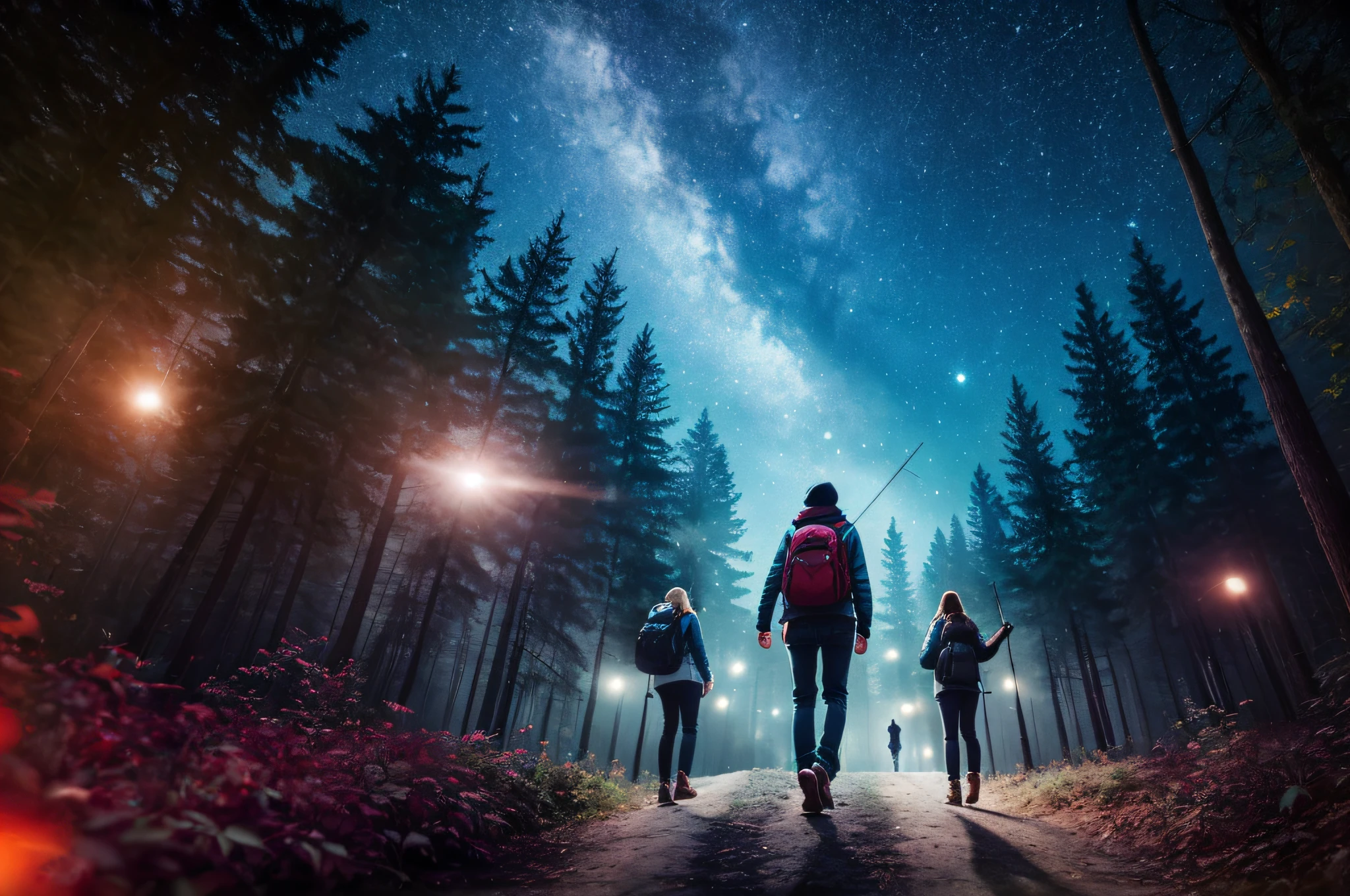 there are four people 3 women and a man walking along a path in the forest, time travelers appear in a park, in the forest at night, night in the forest, wanderers traveling from afar, shutterstock, photo still, travelers walking the streets, in a forest at night, outdoors at night, by Hristofor Žefarović, by Adam Marczyński