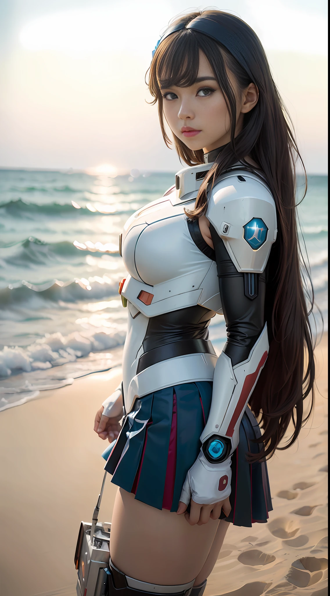 Mecha Maiden, by the Sea, (inspired by the Avengers), behind a giant robot, full body mecha coverage, Mecha Maiden, Safety Rating, (8K, foto RAW, fotorrealista: 1, 25), (Muito Brilho Labial, Muitos Cílios, Melhor Qualidade, Ultra Alta Resolução, Profundidade de Campo, Aberração cromática, luz ampla, cor natural, distant image (1:2)