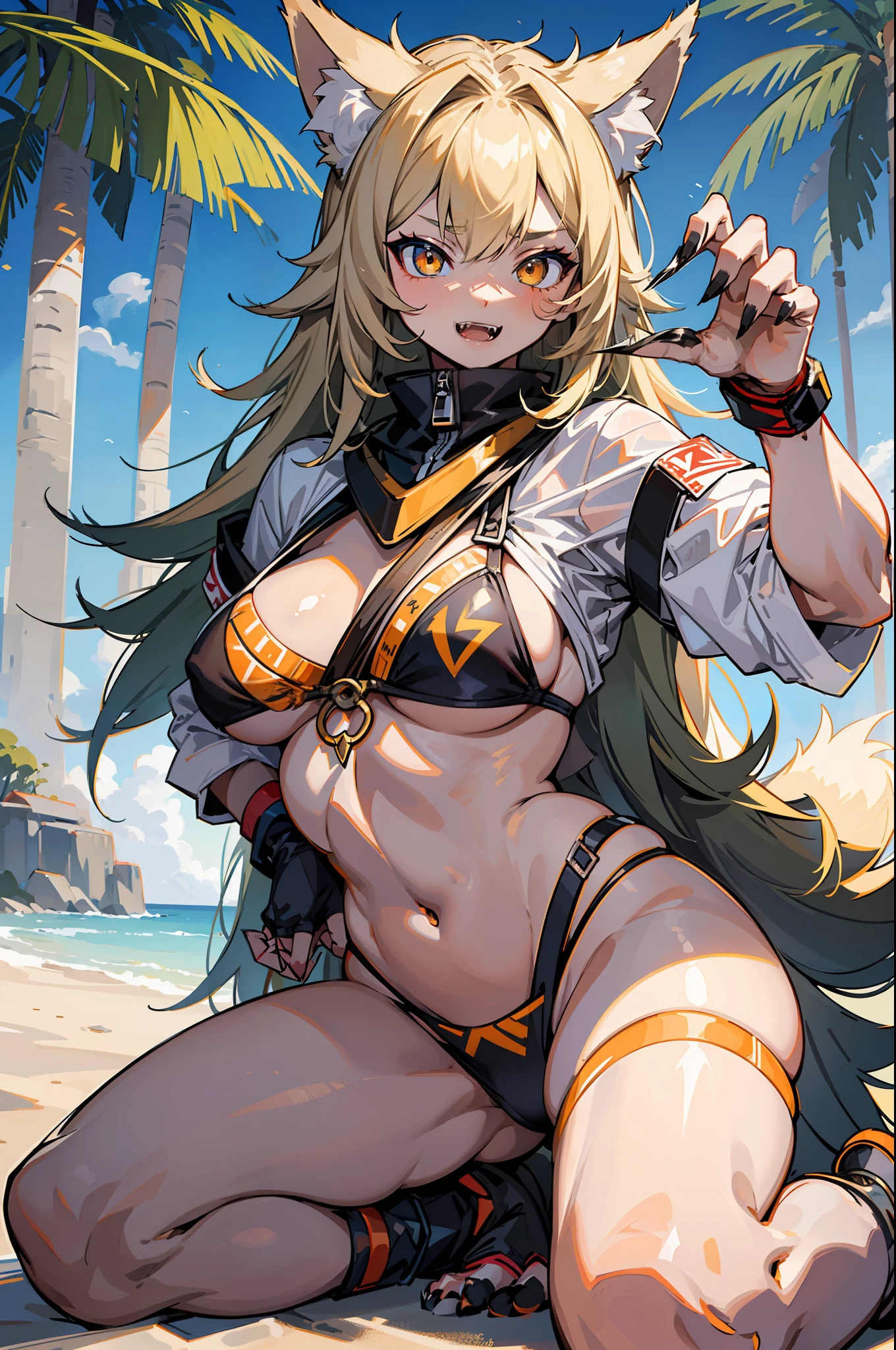 master-piece,hyper quality,hyper detailed,perfect drawing,1 beautiful girl, micro bikini, wolf ears, wolf tail, wolf palm, wolf paws, wolf fingers, sharp claws, sharp fangs, eyes aiming at prey, brown and blond mesh, sharp eyes, fluffy, height 175cm, three sizes B90W55H85, kneeling, pow pause