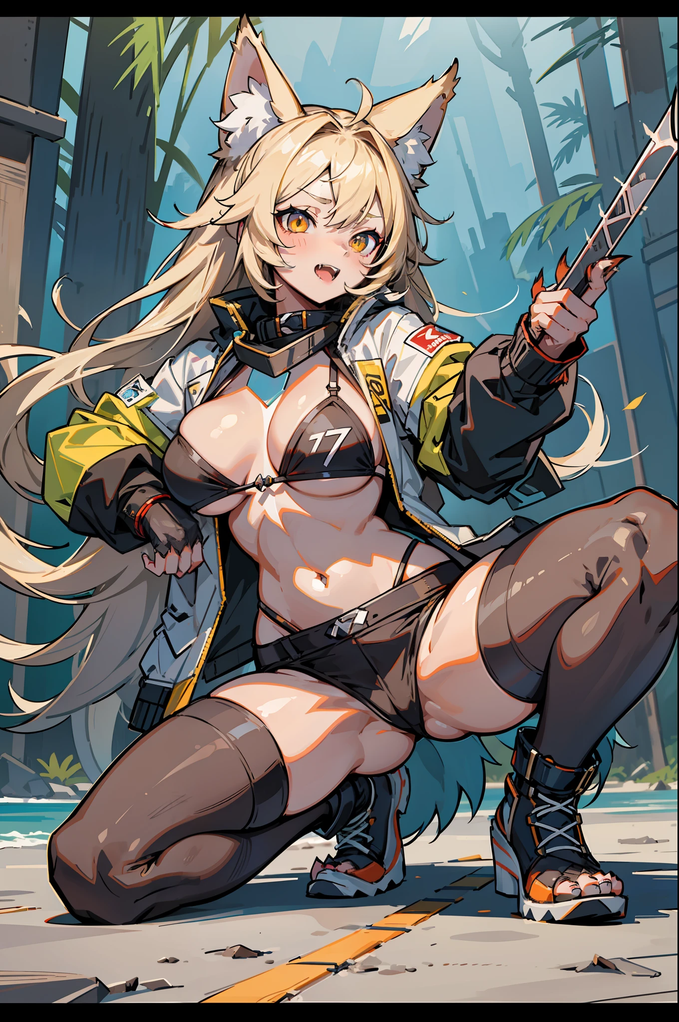 master-piece,hyper quality,hyper detailed,perfect drawing,1 beautiful girl, micro bikini, wolf ears, wolf tail, wolf palm, wolf paws, wolf fingers, sharp claws, sharp fangs, eyes aiming at prey, brown and blond mesh, sharp eyes, fluffy, height 175cm, three sizes B90W55H85, kneeling, pow pause
