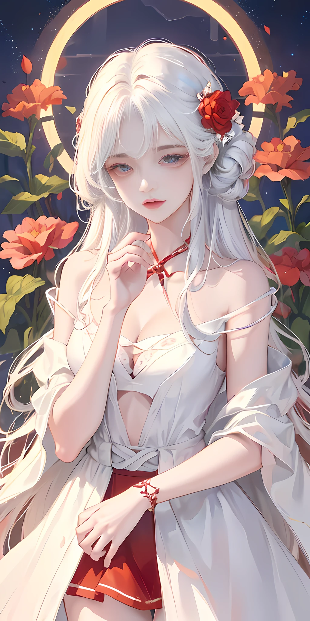 Close-up, looking at the camera, beautiful girl, garlic, flower, (beautiful girl), delicate facial features, detailed portrayal of the corners of the eyes, bust photo, moist lips, sad eyes, long white hair, smooth and delicate skin, ((red clothes)), red long skirt, bare thighs, brilliant and colorful, fantasy art, mysticism, dream scene, dream, dream light, seduction, psychedelic, misty halo, (((night))), ((night)), river bank, full of flowers on the other side, dreamy, flying red tiny petals, Red fluorescent petals, fluorescent flowers, fluorescent flowing water, standing in water, shallow water, master works, extreme detail, dissection correctly, correct limbs, accurate, hud, HD, exquisite details, 8K, red light