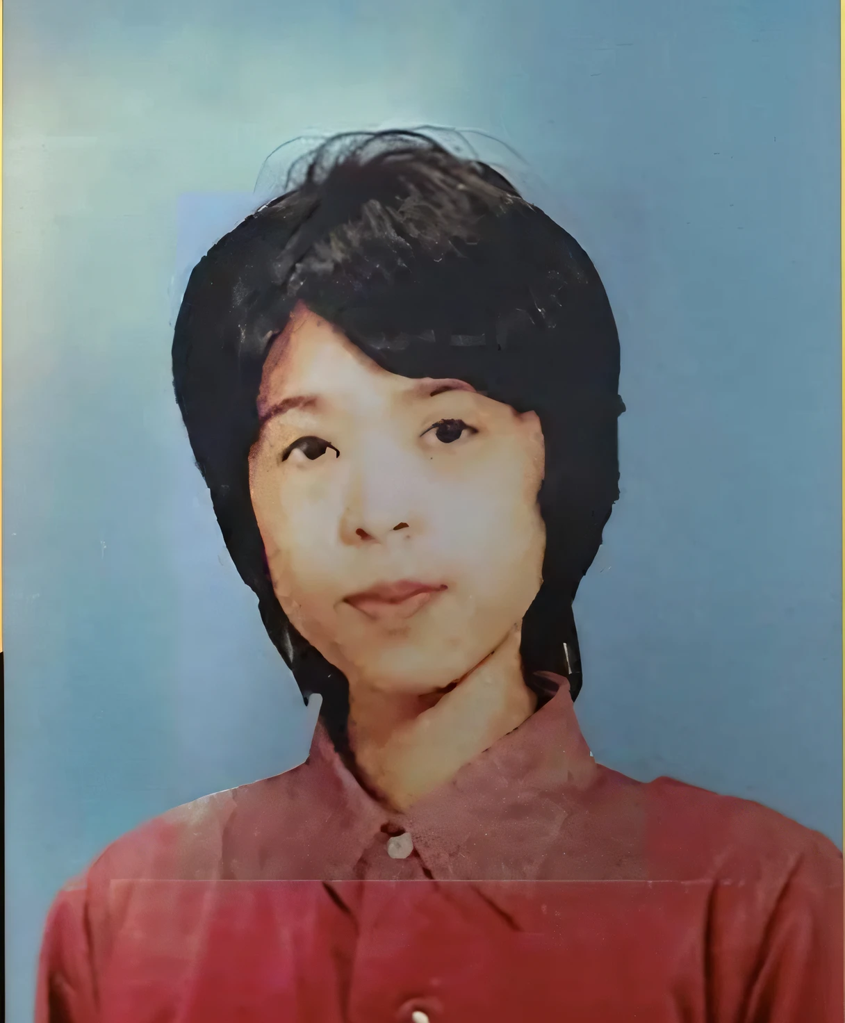 a close up of a young man with a red shirt and black hair, shinsui ito, old yearbook photo, akiko takase, who was born in tokyo in 1964, 80's japanese photo, kiyoko suzuki, a young asian woman, itsuko azuma, riyoko ikeda, etsuko miura