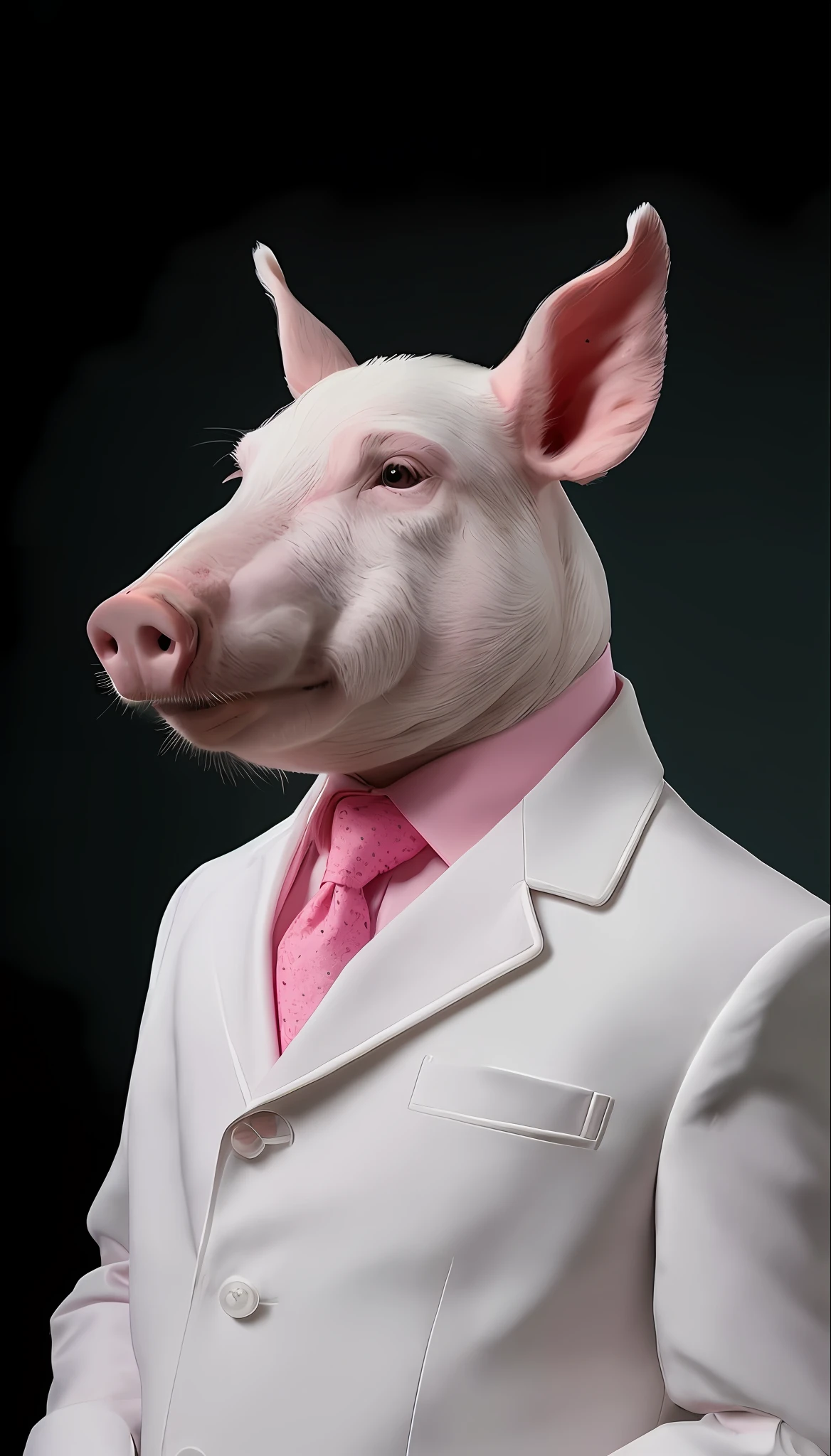 araffe dressed in a white suit and pink tie, pig in a tuxedo, hybrid of pig and nyc policeman, a pig, well - dressed, sheep wearing a suit, he looks very sophisticated, well dressed, business attire, half pig, pig pig pig, wearing a pink tux, pig, “pig, gentleman, looking heckin cool and stylish