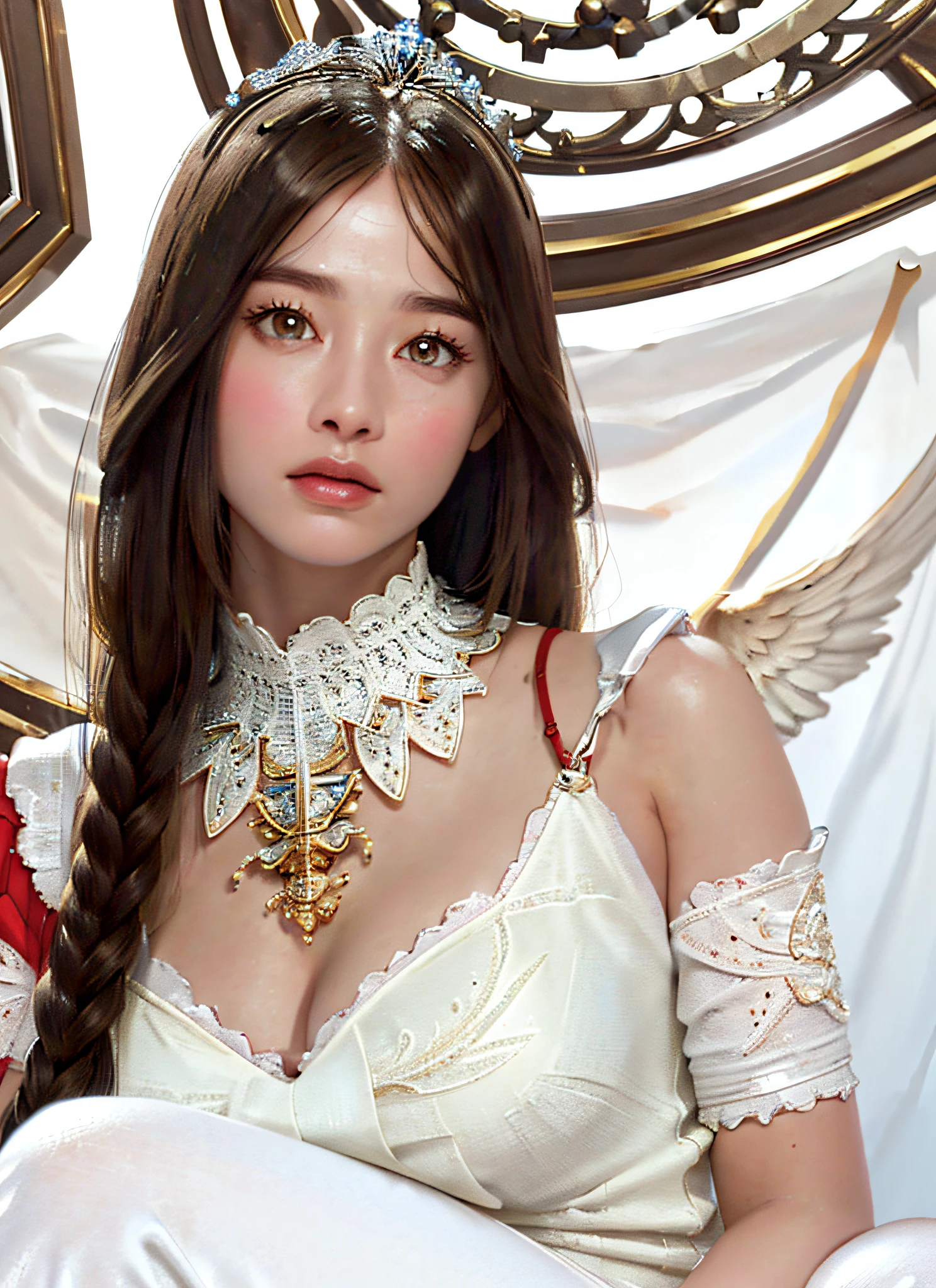 Ultra-detailed complex 3D rendering of the face, (Colossal: 7.8), full body image, red bra, long hair, viewer view, wearing red intricate exposure super armor and intricate white metal leggings on the legs, (shiny skin),((Realistic lighting, top quality, 8K, masterpiece: 1.3)), Clear Focus: 1.2, 1 girl, Perfect figure: 1.4, , (cleavage), Ultra detailed intricate 3D rendering of intricate details, beautiful porcelain profile face, effects, ultra-detailed big crown decorated with jewels: 1.2), big,, sexy swimsuit, (surreal), (ultrareal), (high resolution), (8K), (very detailed), (beautiful detailed eyes), (best quality), (ultra detailed), jewels with intricate details, one girl, solo, long hair, wind, gorgeous faceValhalla Valkyrie, Beauty, Facial Muscles, Top Quality, Masterpiece, Maximum Detail, Diffused Lighting, (Brown Hair: 1.3), Valhalla Valkyrie, Beauty