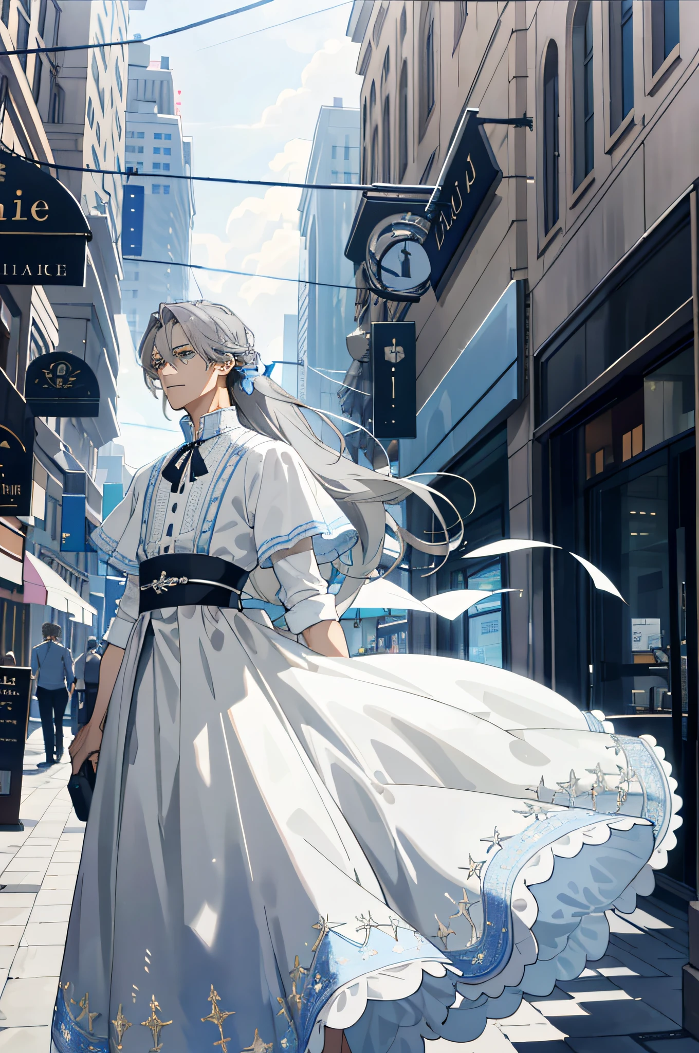 Masterpiece, best quality, 1 male, adult, handsome, delicate eyes, intricate details, (gray hair, long hair, no bangs, delicate skirt), white, blue, mall, city