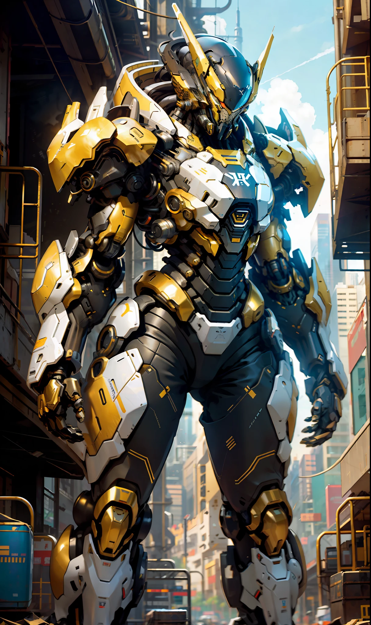 1 woman inside a huge bulky exoskeleton  robot  , ((bulky)) armor,  mecha, psychedelic details,
9d,(city war background), clean lines,  negative space, high contrast, gradient color, (golden black)