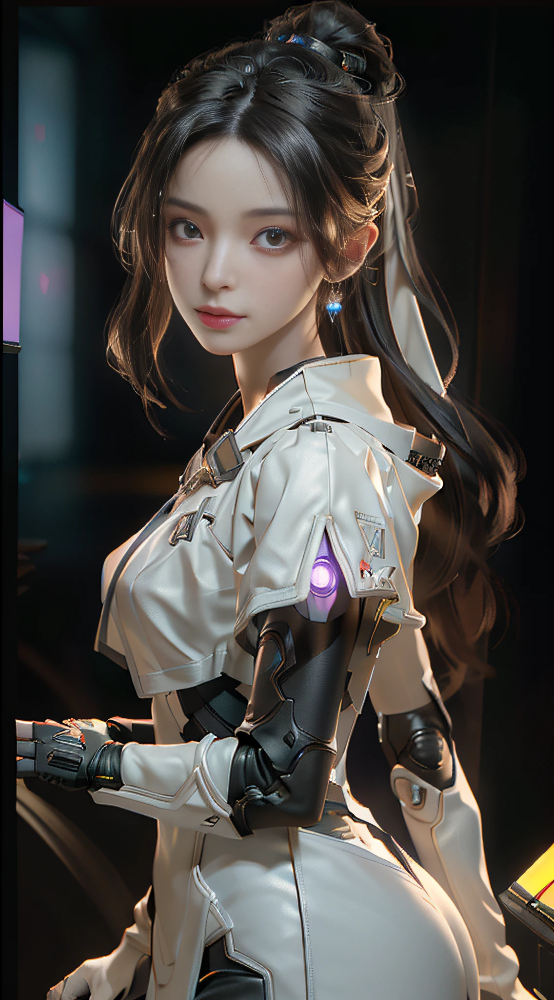 ((Best quality)), ((masterpiece)), (detailed:1.4), 3D, an image of a beautiful cyberpunk female,HDR (High Dynamic Range),Ray Tracing,NVIDIA RTX,Super-Resolution,Unreal 5,Subsurface scattering,PBR Texturing,Post-processing,Anisotropic Filtering,Depth-of-field,Maximum clarity and sharpness,Multi-layered textures,Albedo and Specular maps,Surface shading,Accurate simulation of light-material interaction,Perfect proportions,Octane Render,Two-tone lighting,Wide aperture,Low ISO,White balance,Rule of thirds,8K RAW,