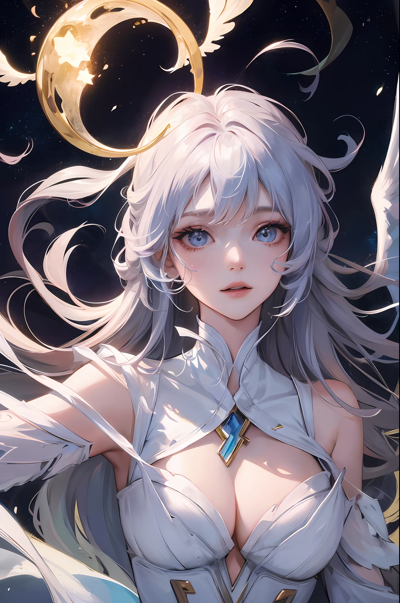 best quality, masterpiece, anime style, a beautiful woman angel,floating in the air ,four lightning white wings ,moon, nebula, shooting stars, wearing a beautiful white dress, ultra beautiful detailed eyes, ,Precise iris depiction,looking at the viewer with a calm and goddess-like happiness, 
,hyper detailed face, complex, perfect, model,  textured, chiaroscuro, professional make-up, realistic, rough, dominating, figure in frame, Super beautiful background drawn by WLOP, cinematic lighting, stars, night, fireflies, near a lake, ethereal,