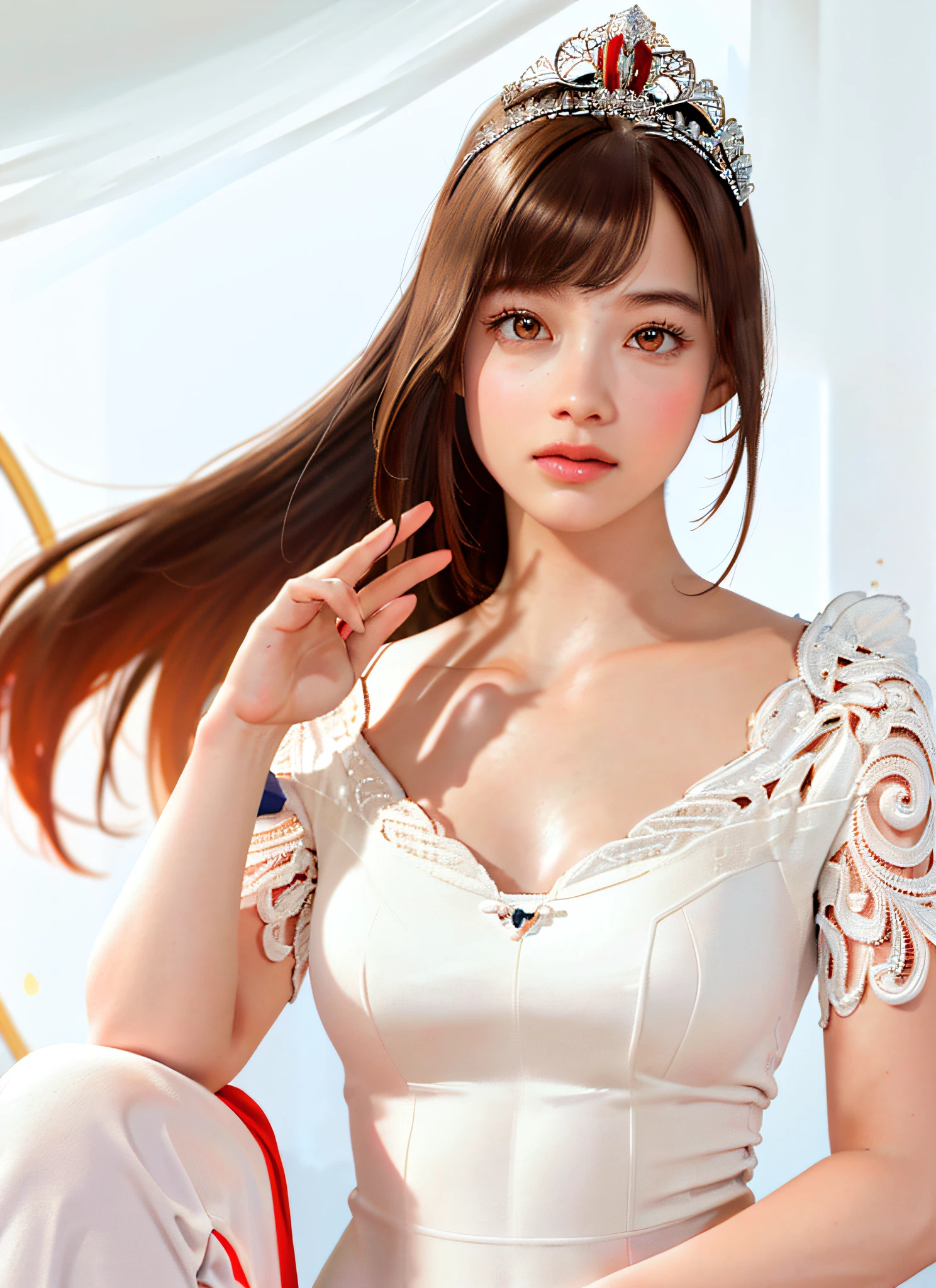 Ultra-detailed complex 3D rendering of the face, (Colossal: 7.8), full body image, red bra, long hair, viewer view, wearing red intricate exposure super armor and intricate white metal leggings on the legs, (shiny skin),((Realistic lighting, top quality, 8K, masterpiece: 1.3)), Clear Focus: 1.2, 1 girl, Perfect figure: 1.4, , (cleavage), Ultra detailed intricate 3D rendering of intricate details, beautiful porcelain profile face, effects, ultra-detailed big crown decorated with jewels: 1.2), big,, sexy swimsuit, (surreal), (ultrareal), (high resolution), (8K), (very detailed), (beautiful detailed eyes), (best quality), (ultra detailed), jewels with intricate details, one girl, solo, long hair, wind, gorgeous faceValhalla Valkyrie, Beauty, Facial Muscles, Top Quality, Masterpiece, Maximum Detail, Diffused Lighting, (Brown Hair: 1.3), Valhalla Valkyrie, Beauty