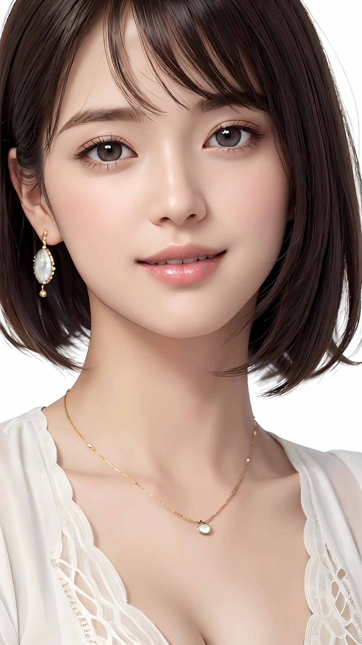 (Masterpiece:1.3), (8K, Photorealistic, RAW Photography, Best Quality: 1.4), Japan People, (1 Girl), Beautiful Face, (Realistic Face), (Black Hair, Short Hair:1.3), Beautiful Hairstyle, Realistic Eyes, Beautiful Details, (Realistic Skin), Beautiful Skin, Attractive, Ultra High Definition, Ultra Realistic, High Detail, Golden Ratio, (Fatal Face:1.2), Look at the Beholder,Smile, Open white shirt,middle chest,standing,hands on hips,one beautiful woman shouldered out shirt,(Open all buttons:1.1), big breasts, deep cleavage, top quality, masterpiece, illustration, very delicate and beautiful, very detailed, CG, unity, 8K wallpaper, amazing, fine details, highly detailed CG Unity 8K wallpaper, huge file size, very detailed, high resolution, Handsome Detail Woman, Highly Detailed Big Eyes and Face, Amazing Detailed Eyes, Face Light, (Best Illustration: 1.1), Ultra High Resolution, (Photoreal: 1.1), (Photoreal: 1.2:1.1), Realistic Face Proportions, Slender, Smile, (Makeup: 0.4), (Fluffy Light Colored Eyes: 1.21), Light Colored Eyes, Round Eyes, Look at the Beholder, Dark Brown Hair, Earrings, necklaces, hairpins, (irregular irregular skin defects, veins, wrinkled pores on the skin: 1.2), white background, (bokeh: 1.4), very short hair, short bob, oil on skin, oil on the face, gloss on the skin, gloss on the face, gloss on the lips, gloss on the chest, gloss on the chest, glossy skin, smile, smile, beautiful teeth, beautiful bangs, beautiful collarbone, long neck, big eyes, clear eyes, Clear double eyelids, ears out, outrageously cute, overwhelming beauty, highlights in the eyes, thick bangs, bangs