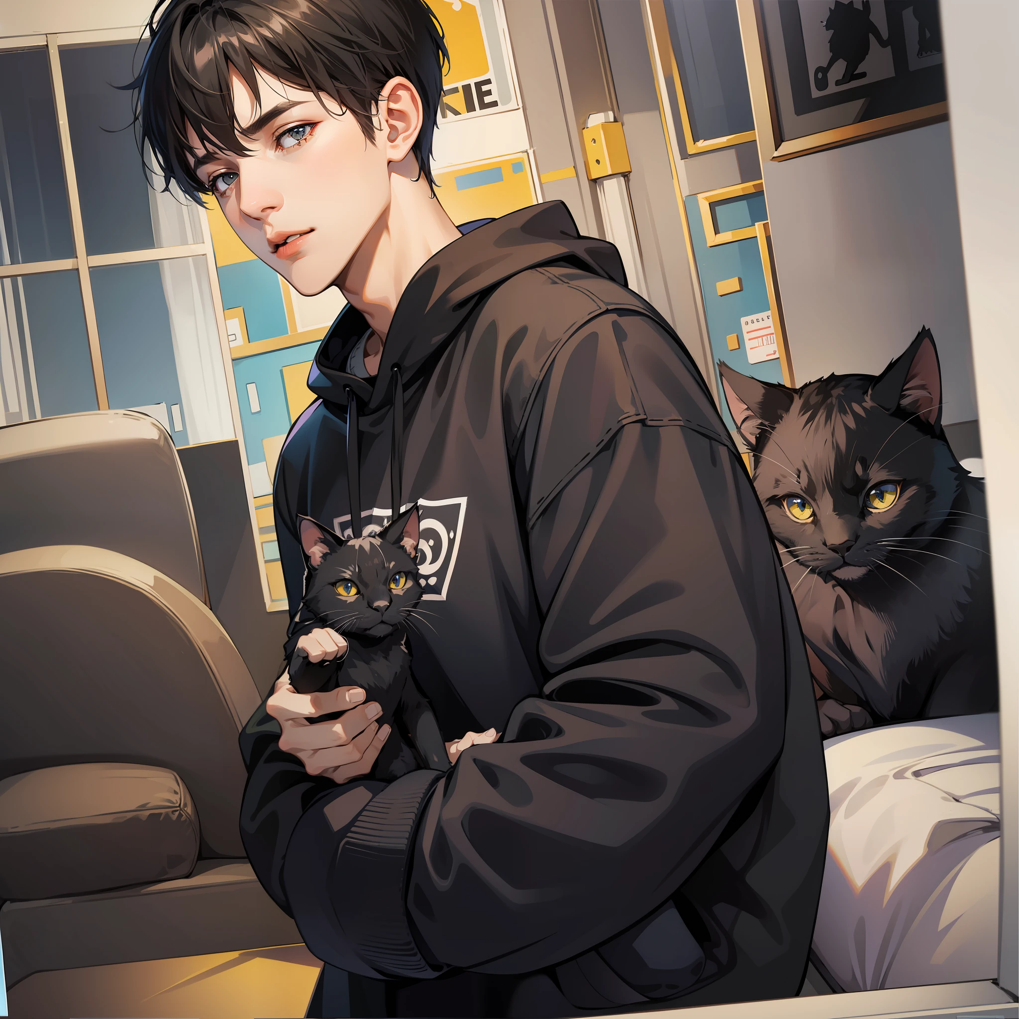 Male, delicate face, short black hair, standing black sweatshirt (cat pattern), surprised, living room background