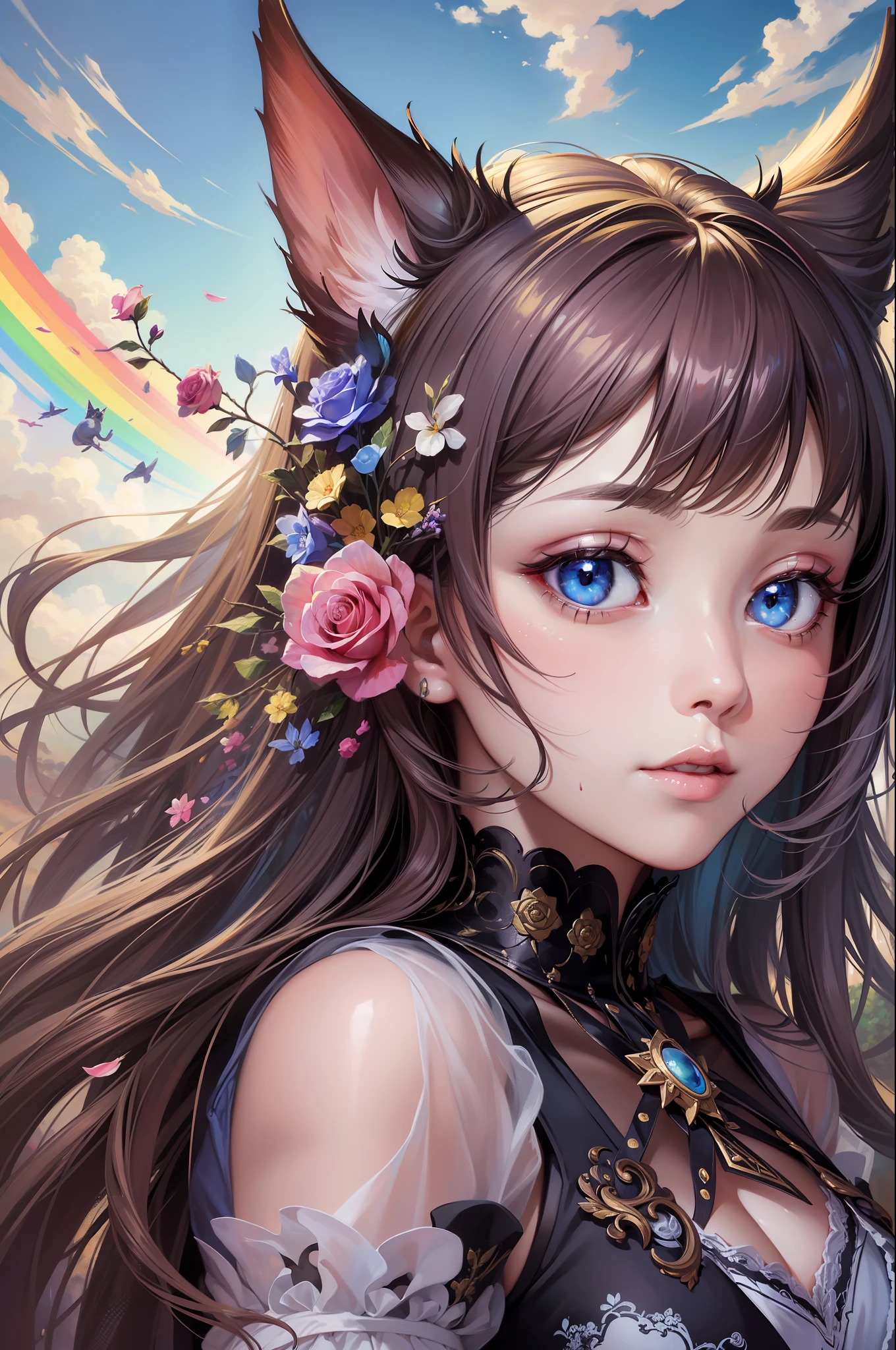 ( Absurd, High quality, ultra-detailed, masterpiece, concept art, smooth, highly detailed artwork, hyper-realistic painting )beautiful eyes(eyes detailed),1 girl, Roses with pink, yellow, and blue color, Rainbow in sky, dreamy, in sky with clouds, cat flying with wings , Vivid