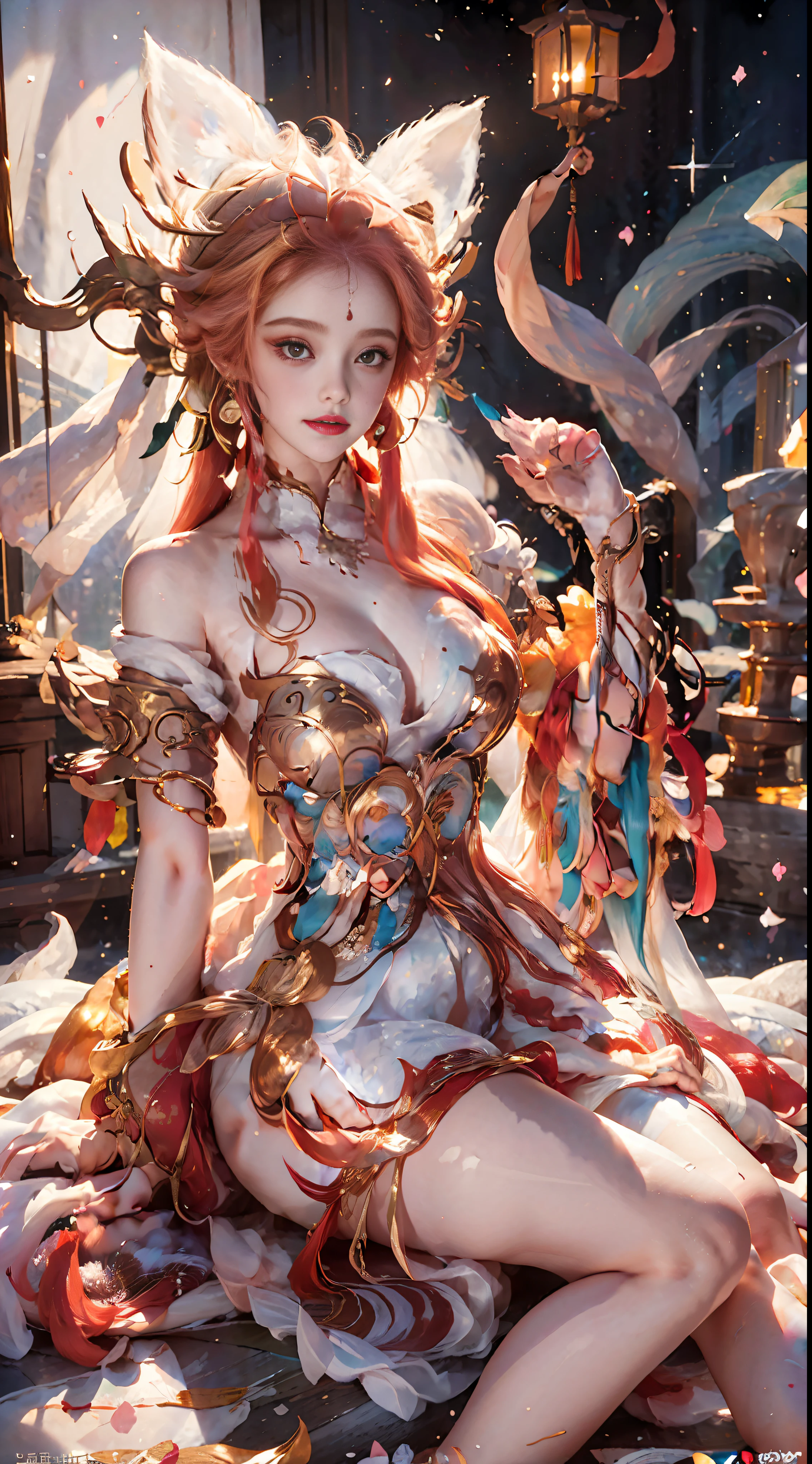 Masterpiece, Top Quality, Best Quality, Extreme Detail, Highest Detail, Official Art, Beauty and Aesthetics: 1.2), Colorful, Denim Lens, Upper Body Shot, Beautiful Face, Perfect Body, Superb Body, Masterpiece, High Resolution, (Exquisite Body: 2.0), Stunning Beauty, (Milky Skin: 1.5), Exquisite Details, High Resolution, Wallpaper, 1 Female, Solo, Dress, (((Golden Red Dress)) ), Long white hair, fox tail, Charming smile, gorgeous accessories, Short sleeves, , Big eyes, Fluttering Hair, Hanfu,, Embroidery, Long Dress, Feminine Pose, Falling Petals, Kong Ming Lantern, 16K, HDR, High Resolution, Depth of Field, (Film Grave: 1.1), Bocon (Lens Glow), Vignette, Rainbow, (Color Grading: 1.5) ((Watercolor by John Berkey and Jeremy Memman)) Brush Strokes