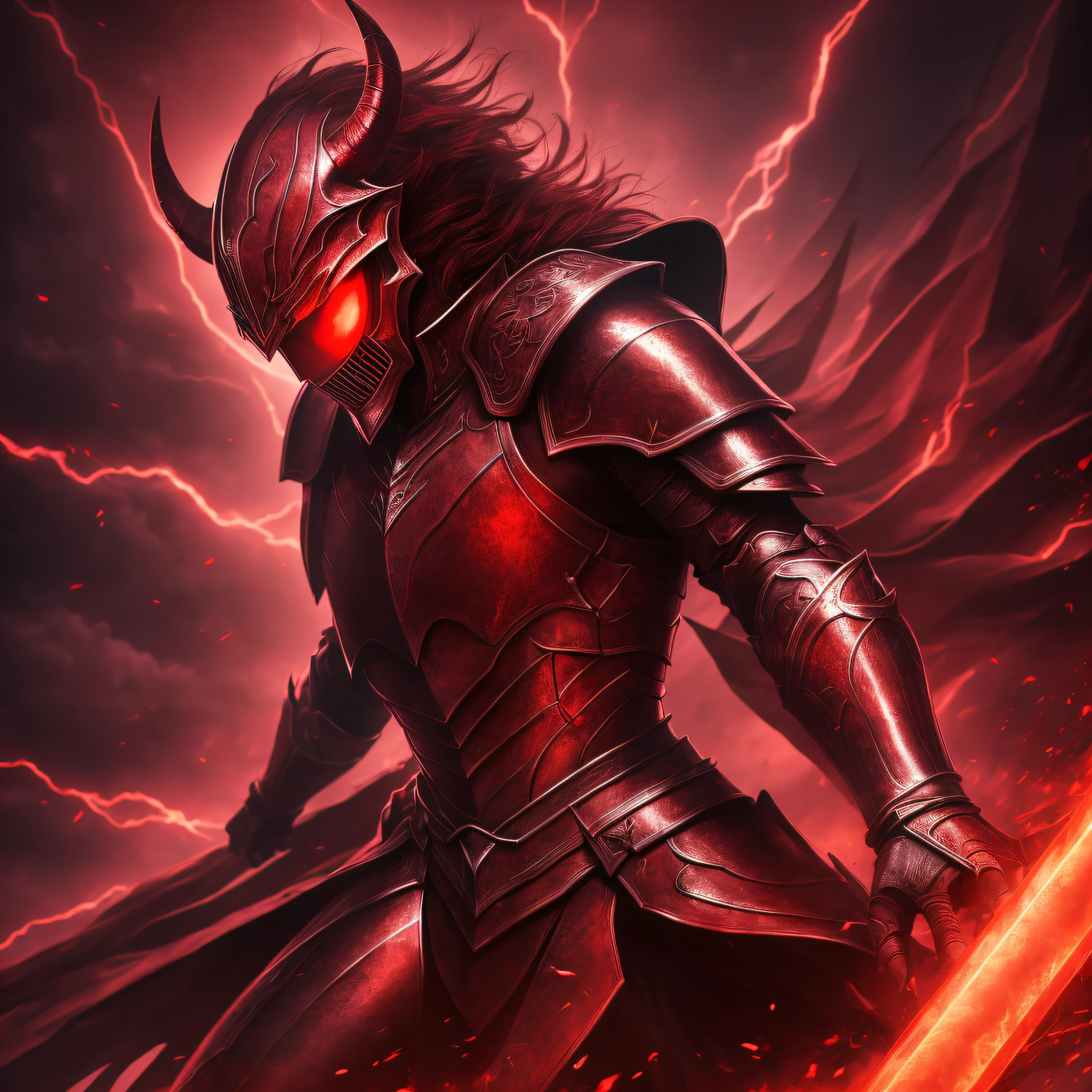 ((Masterpiece)), Optimal image quality, Highly realistic, High resolution 8k wallpaper, stick in hand, demon in shiny armor, cutting through the dark red light --auto --s2