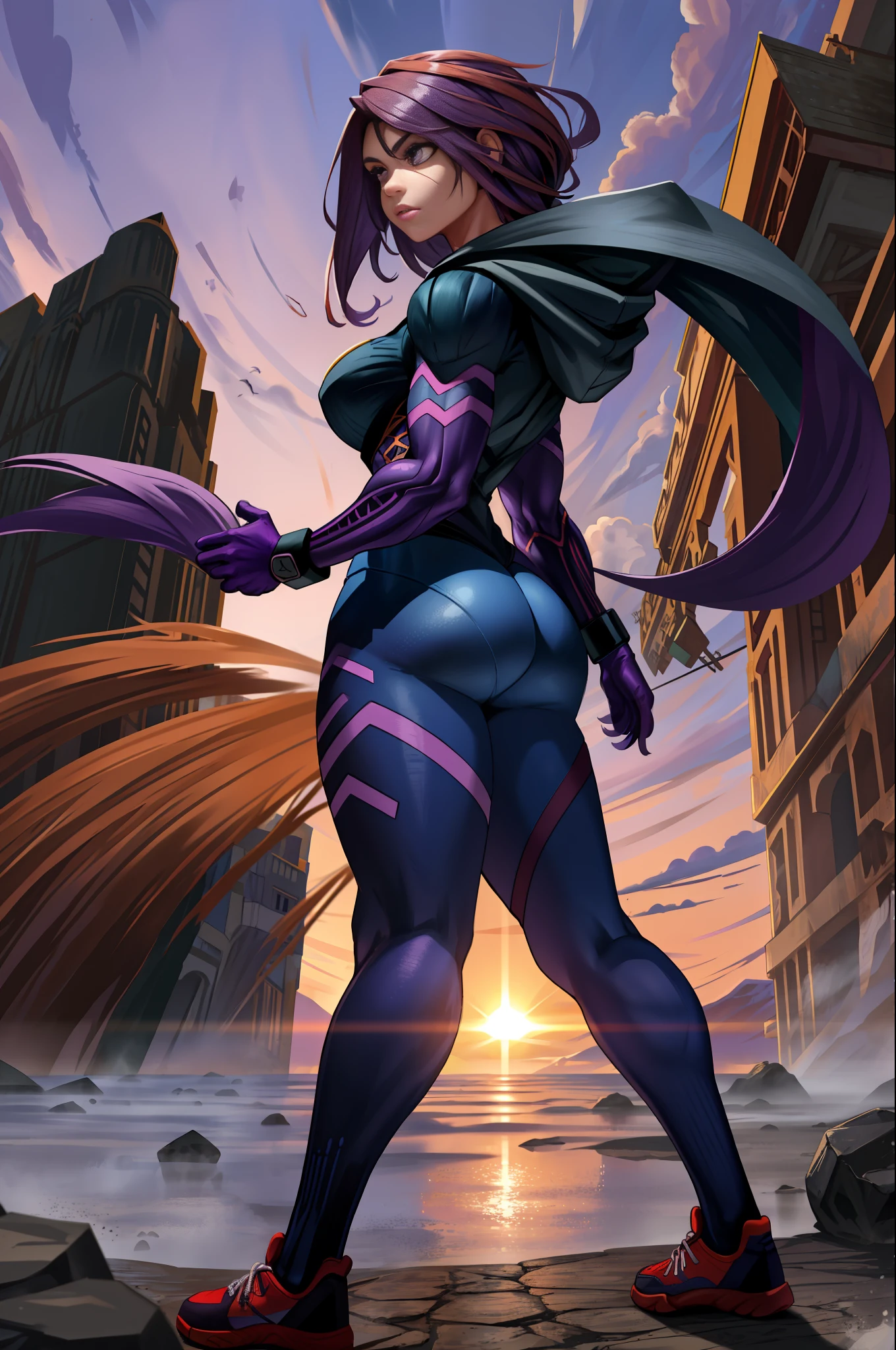1girl, (((solo)))), bodybuilder, musuclar, hoodie oversized, big ass, strong shoulders, auburn long purple hair, purple eyes,masterpiece, best quality, shoes, full body, posing for a photo, beautifully color-coded, socks, scrunchbutt leggings white background, studio, looking away, covered by hood, landscape a cave, night weather, strong wind, dust in the ae