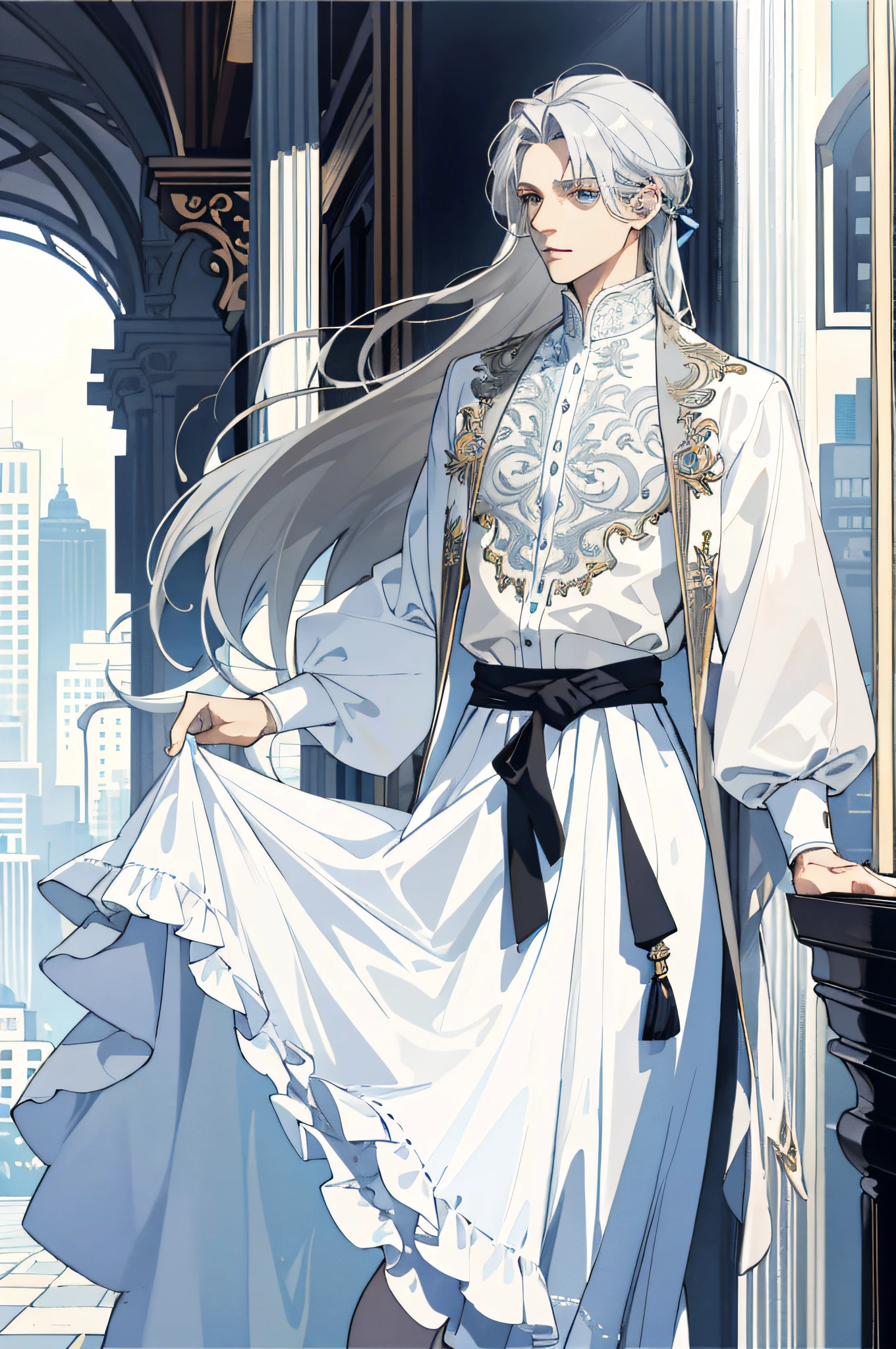 Masterpiece, best quality, 1 male, handsome, delicate eyes, intricate details, (gray hair, long hair, no bangs, delicate skirt, white skin), white, blue, mall, city