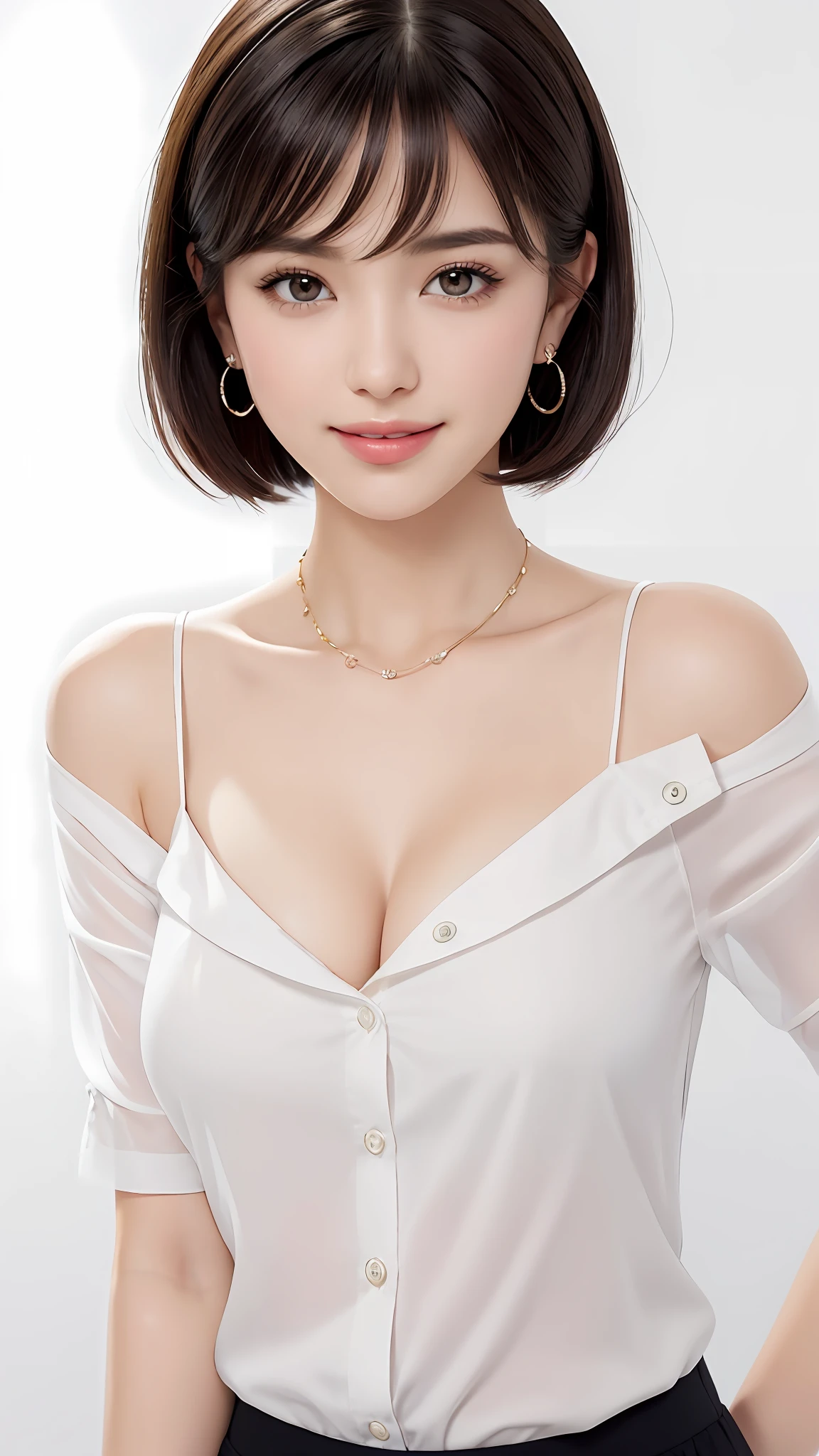 (Masterpiece:1.3), (8K, Photorealistic, RAW Photography, Best Quality: 1.4), Japan People, (1 Girl), Beautiful Face, (Realistic Face), (Black Hair, Short Hair:1.3), Beautiful Hairstyle, Realistic Eyes, Beautiful Details, (Realistic Skin), Beautiful Skin, Attractive, Ultra High Definition, Ultra Realistic, High Detail, Golden Ratio, (Fatal Face:1.2), Look at the Beholder,Smile, Open white shirt,middle chest,standing,hands on hips,one beautiful woman shouldered out shirt,(Open all buttons:1.1), big breasts, deep cleavage, top quality, masterpiece, illustration, very delicate and beautiful, very detailed, CG, unity, 8K wallpaper, amazing, fine details, highly detailed CG Unity 8K wallpaper, huge file size, very detailed, high resolution, Handsome Detail Woman, Highly Detailed Big Eyes and Face, Amazing Detailed Eyes, Face Light, (Best Illustration: 1.1), Ultra High Resolution, (Photoreal: 1.1), (Photoreal: 1.2:1.1), Realistic Face Proportions, Slender, Smile, (Makeup: 0.4), (Fluffy Light Colored Eyes: 1.21), Light Colored Eyes, Round Eyes, Look at the Beholder, Dark Brown Hair, Earrings, necklaces, hairpins, (irregular irregular skin defects, veins, wrinkled pores on the skin: 1.2), white background, (bokeh: 1.4), very short hair, short bob, oil on skin, oil on the face, gloss on the skin, gloss on the face, gloss on the lips, gloss on the chest, gloss on the chest, glossy skin, smile, smile, beautiful teeth, beautiful bangs, beautiful collarbone, long neck, big eyes, clear eyes, Clear double eyelids, ears out, outrageously cute, overwhelming beauty, highlights in the eyes, thick bangs, bangs